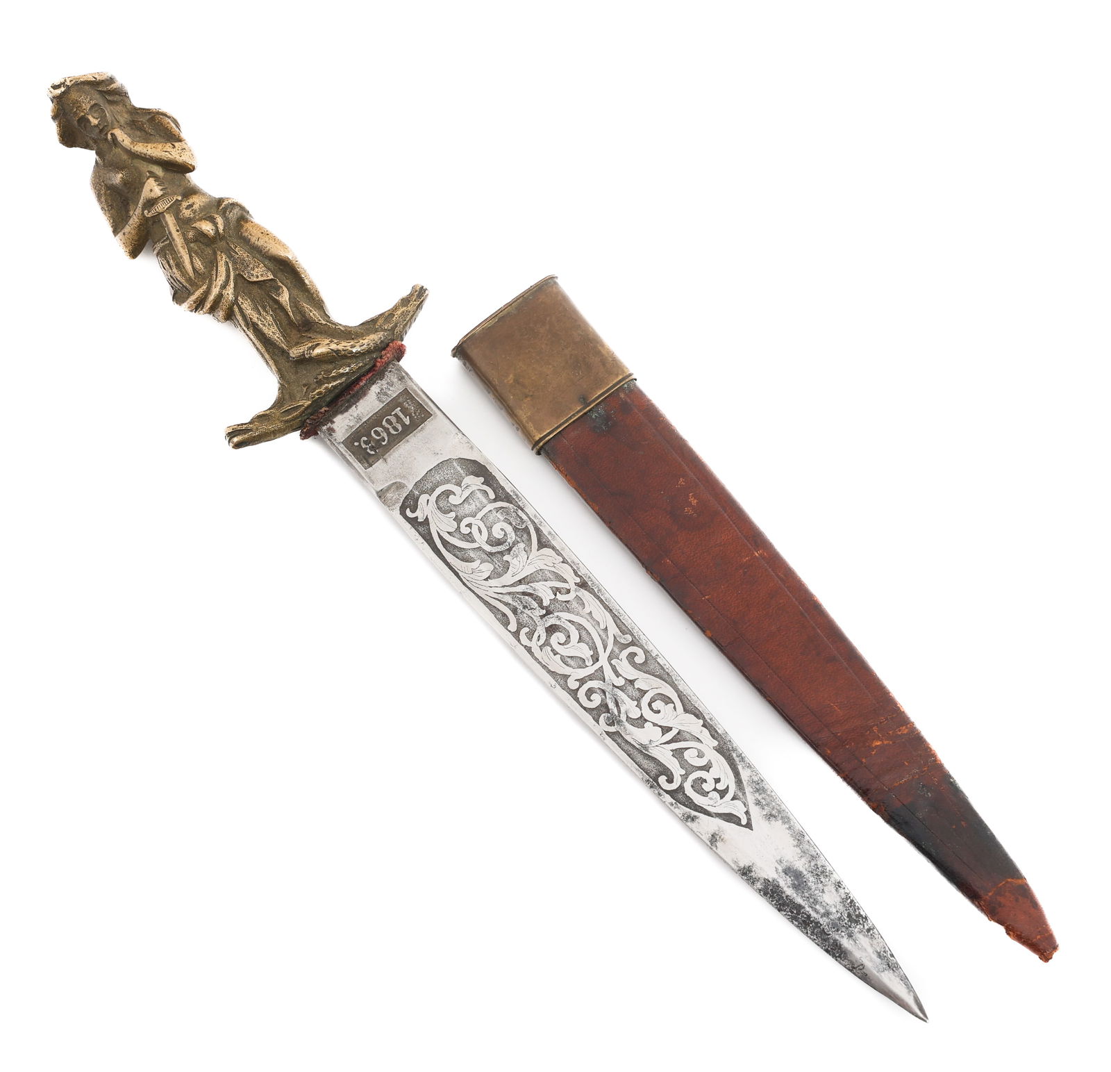 1863 TOLEDO SPAIN ROMANTIC DAGGER WITH SCABBARD: 1863 TOLEDO SPAIN ROMANTIC DAGGER WITH SCABBARD 1863 Spanish Romantic Dagger with Scabbard. Double edged, bright blade. Double acid etched with floral patterns. Marked Toledo on the ricasso, dated 186