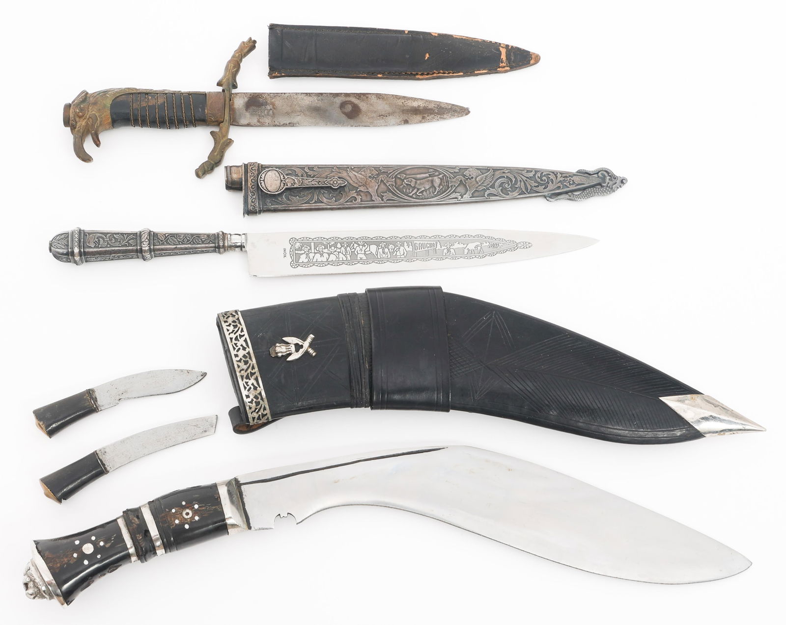 19th C. WORLD MILITARY & CIVILIAN FIGHTING KNIVES: 19th C. WORLD MILITARY & CIVILIAN FIGHTING KNIVES 19th Century World Military and Civilian Fighting Knives. (1) Indian Kukri. Single edged, curved blade with fullers. Wood handle with brass pommel. Le