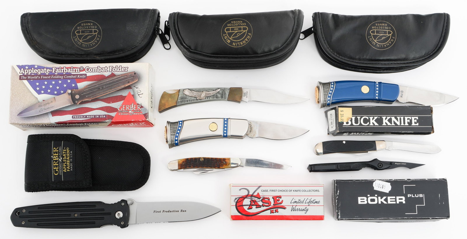 FOLDING KNIVES - BUCK, GERBER, CASE, & MORE: FOLDING KNIVES - BUCK, GERBER, CASE, & MORE Folding Knives. Makers include Buck, Franklin Mint, Gerber, Case, and Boker. Most include soft carrying cases. Blade Length: 2 1/4" to 4 1/4" Total Length: 