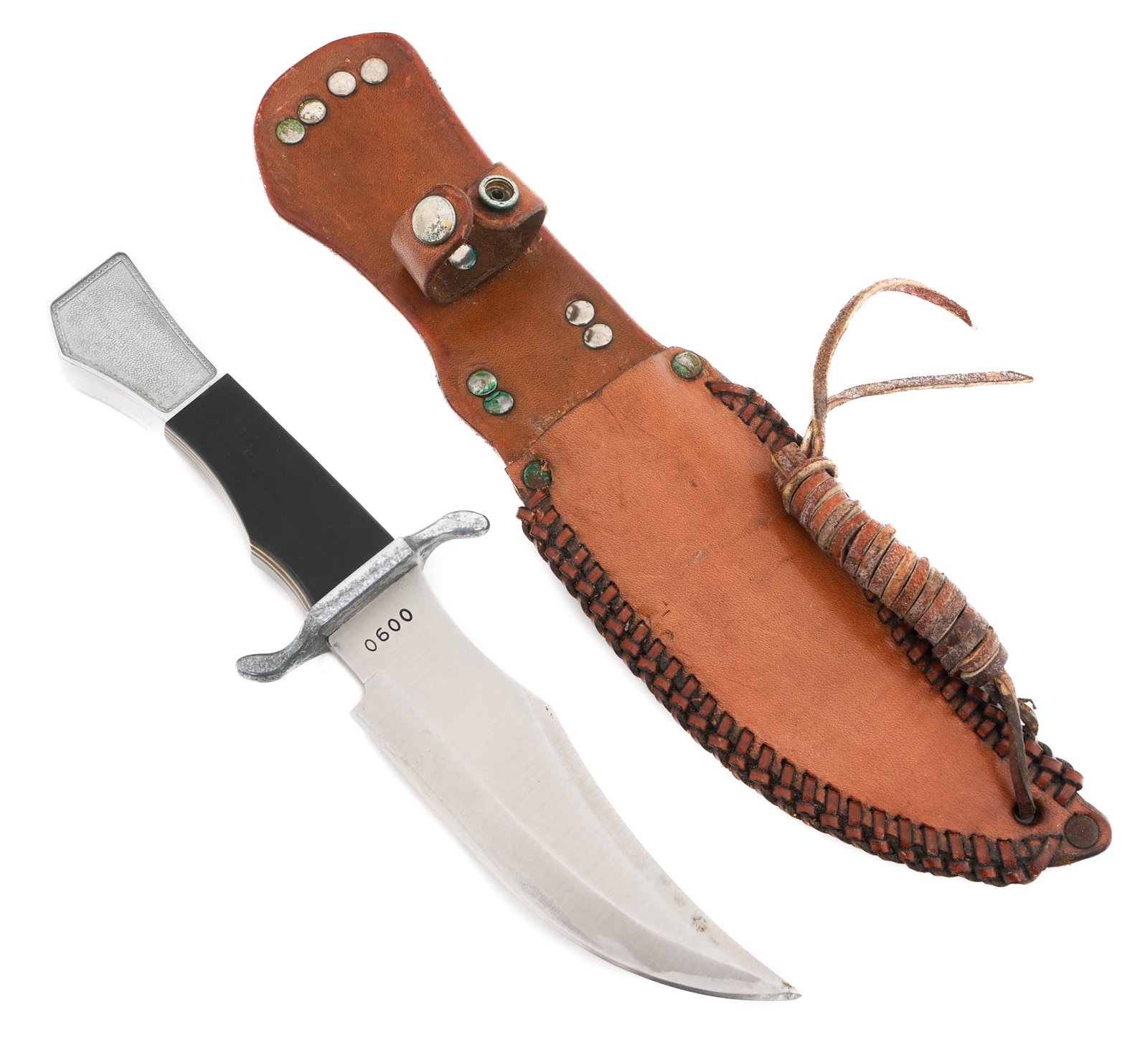 AMERICAN FRONTIERSMAN TECUMSEH KNIFE WITH SHEATH: AMERICAN FRONTIERSMAN TECUMSEH KNIFE WITH SHEATH American Frontiersman Knife with Sheath. Single edged, clip point bright blade. Tecumseh Chief of the Shawnee etched on the blade. Maker marked by Amer