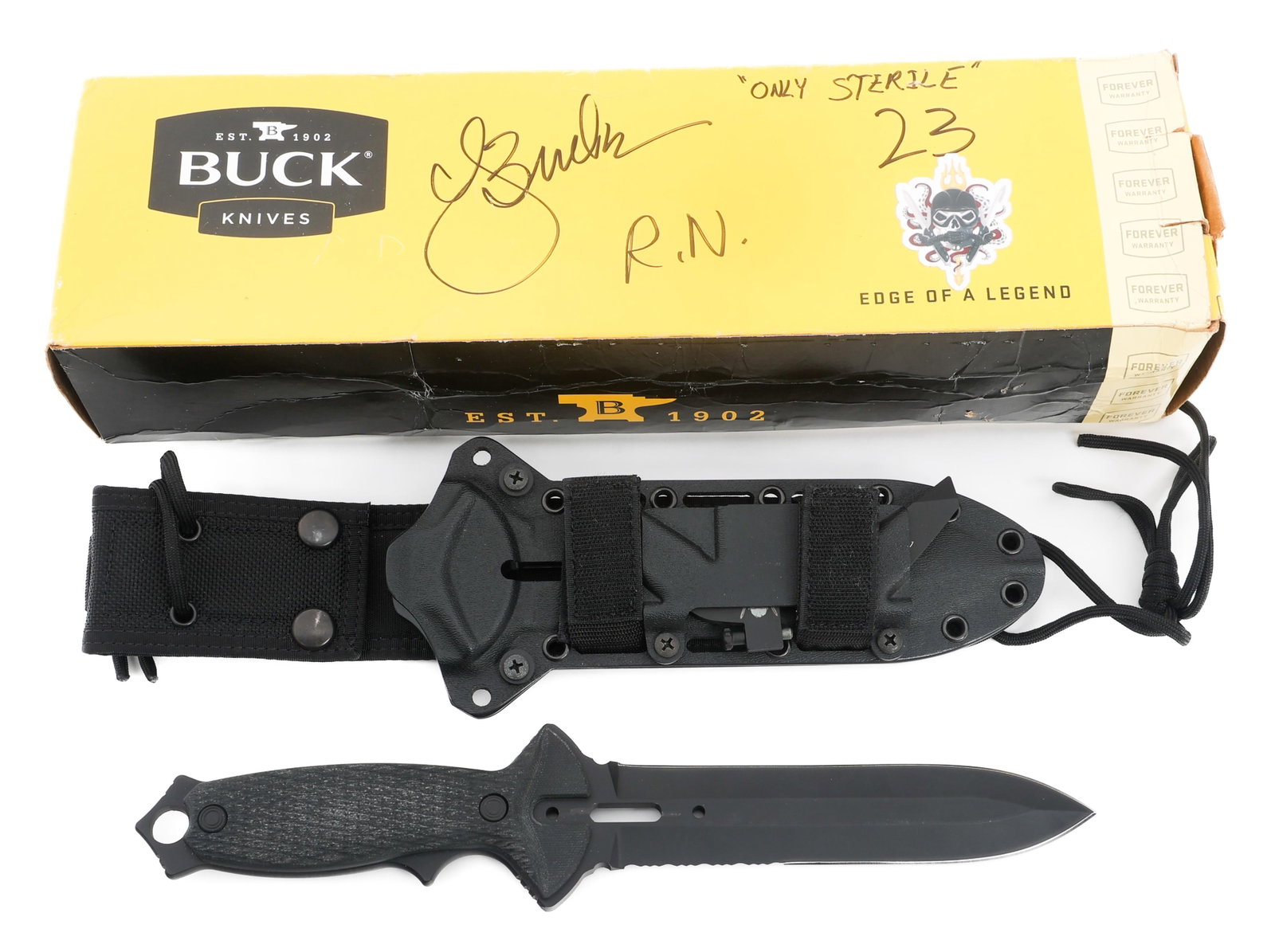 BUCKMASTER 2.0 PROTOTYPE STERILE NUMBER 23 OF 25: BUCKMASTER 2.0 PROTOTYPE STERILE NUMBER 23 OF 25 Buck Knives Buckmaster 2.0 Prototype Sterile Combat Diver Pro Dive Knife, number 23 of 25. Double edged, partially serrated, spear point parkerized bla