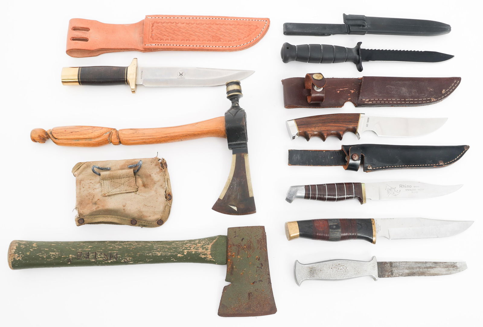 HUNTING KNIVES & HATCHETS: HUNTING KNIVES & HATCHETS Hunting Knives & Hatches. (1) Glock FM 81 Sawback Knife. Plastic sheath. (1) Gerber Model 525 Hunting Knife. Leather sheath. (1) Tomahawk. (1) Hatchet. Includes head cover. (