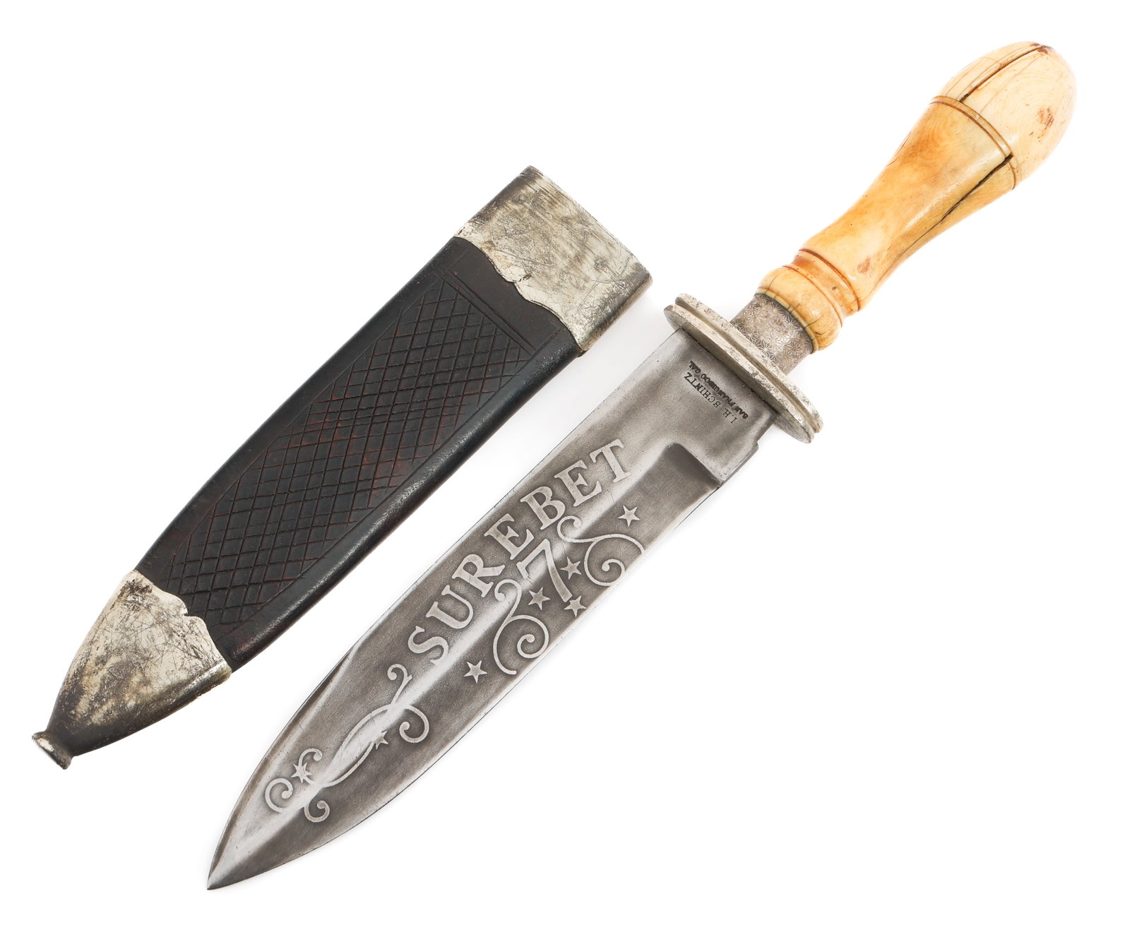 19TH C. GAMBLER SUREBET 7 KNIFE by I. H. SCHINTZ: 19TH C. GAMBLER SUREBET 7 KNIFE by I. H. SCHINTZ 19th C. Gambler Knife by I. H. Schnitz. Single edged blade. Double acid etched with floral patterns and Surebet 7. Maker marked by I. H. Schintz on the