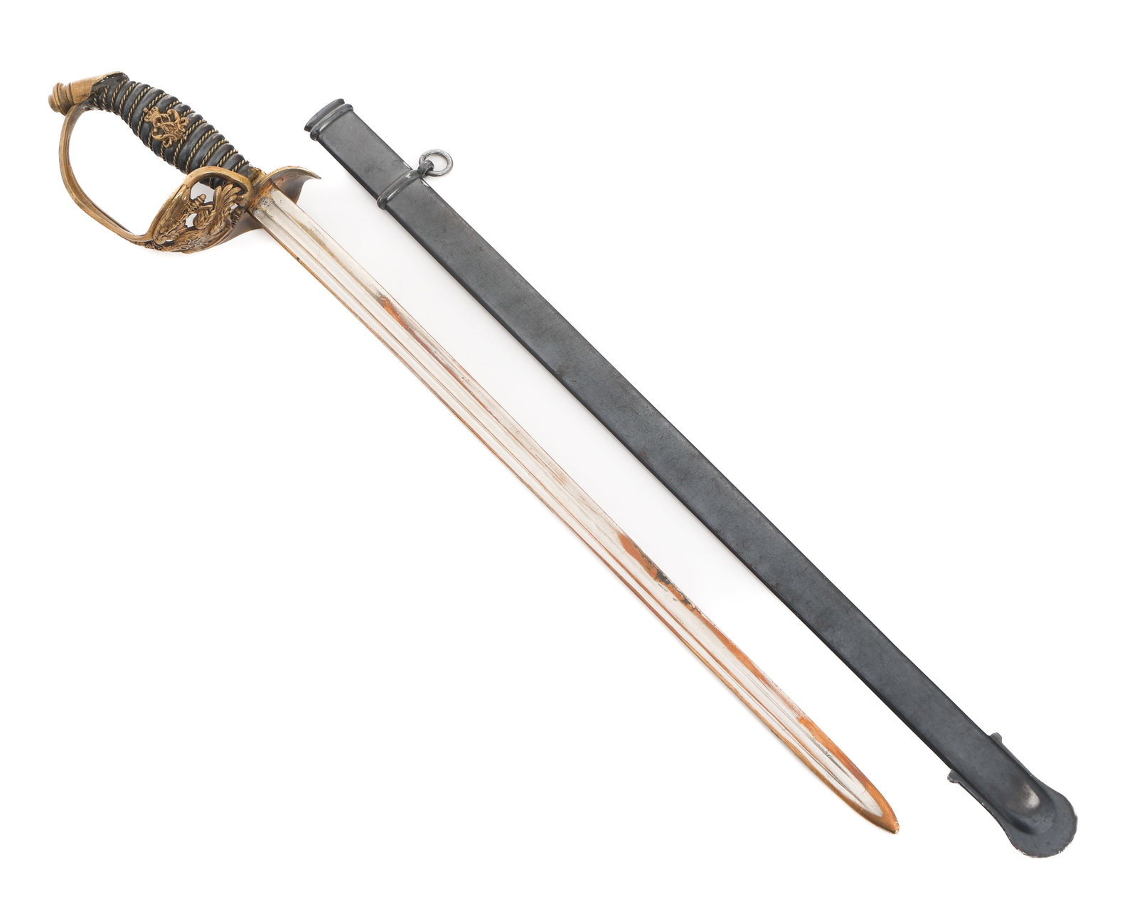 GERMAN M1889 INFANTRY OFFICER SWORD SALES SAMPLE: GERMAN M1889 INFANTRY OFFICER SWORD SALES SAMPLE Imperial German M1889 Infantry Officer Sword Salesman Sample. Kaiser Wilhelm II royal cypher present on the grip. Blued steel scabbard. Blade Length: 9