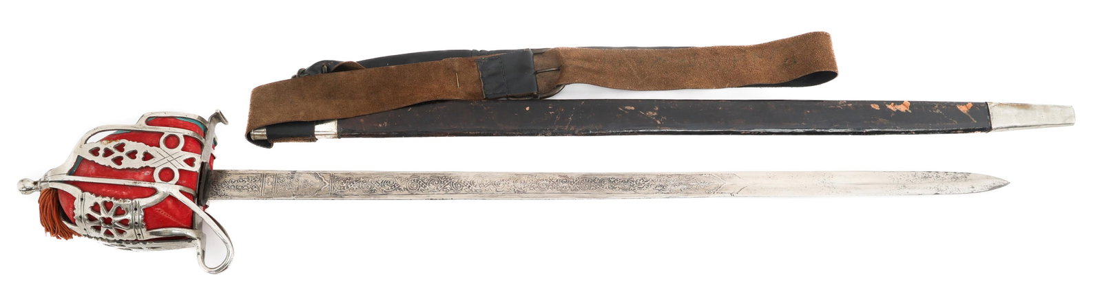 19th C. SCOTTISH BASKET HILTED SWORD: 19th C. SCOTTISH BASKET HILTED SWORD 19th C. Scottish Basket Hilted Sword. Double edged, straight, bright blade. Double acid etched with floral decorations and no visible maker marks. Leather buffer p