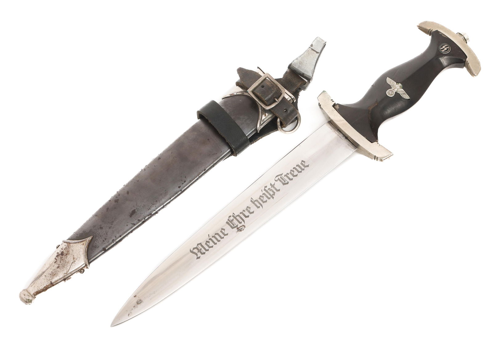 WWII GERMAN ROHM M1933 SS EM PARTS DAGGER: WWII GERMAN ROHM M1933 SS EM PARTS DAGGER WWII German Model 1933 SS Enlisted Parts Dagger. Post-war production Rohm dedication blade with maker mark by Ernst Pack. Original nickel silver guards with d