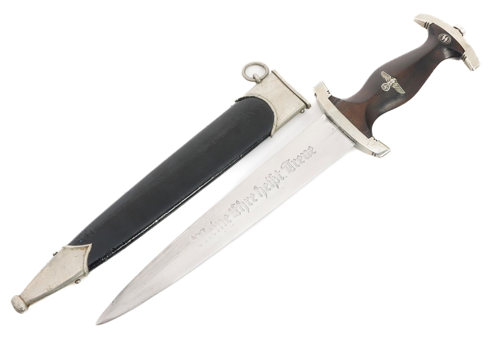 WWII GERMAN SS PARTS DAGGER: WWII GERMAN SS PARTS DAGGER WWII German SS Parts Dagger. Post War production, double edged blade. Marked by Hammesfahr on the ricasso. WWII production nickel-silver guards, district stamped "III". Ebo