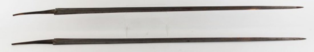 TWO FRENCH M1854 HEAVY CAVALRY SABER BLADES: TWO FRENCH M1854 HEAVY CAVALRY SABER BLADES The blades of two M1854 French Heavy Cavalry Dragon Sabers. No hilt, or grip, only blades and tang. Both have deep double fullers and single edges, accompan