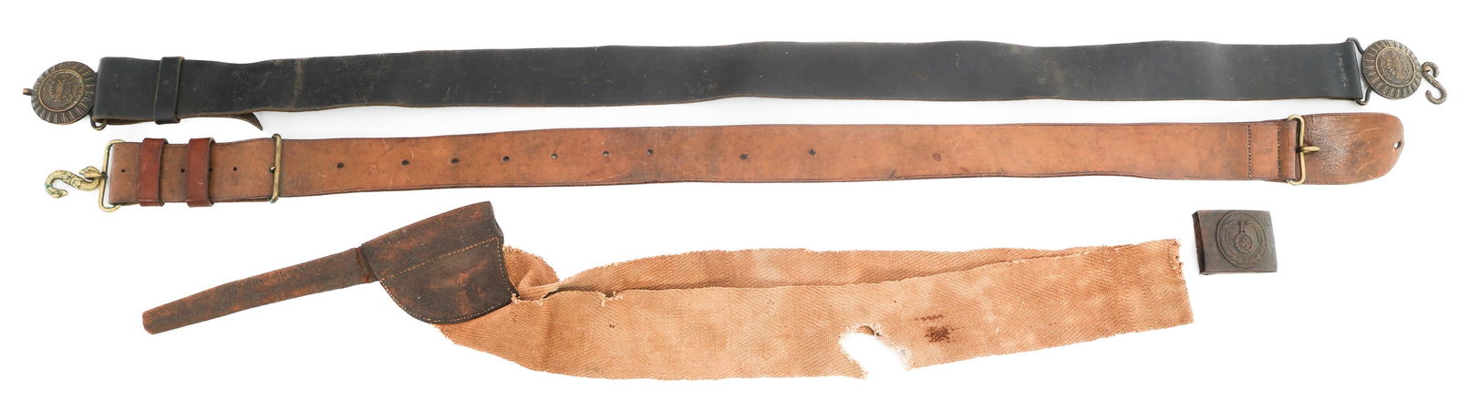 19th C. - WWII FRENCH, US & GERMAN BELTS & BUCKLES: 19th C. - WWII FRENCH, US & GERMAN BELTS & BUCKLES 19th Century - WWII French, US, & German Uniform Belts and Buckles. (1) 19th Century Brass Double Snake Head Clasp on Light Brown Leather Belt. (1) 1