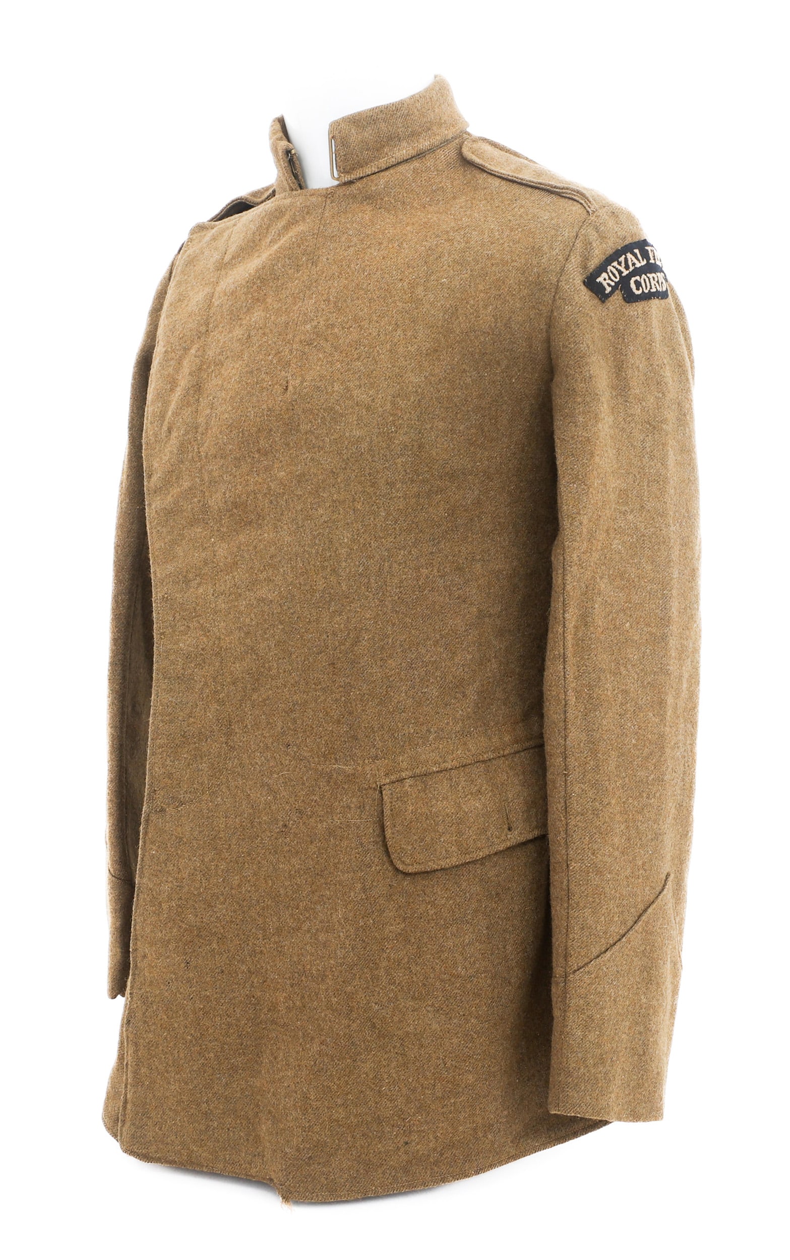 WWI BRITISH ROYAL FLYING CORPS MATERNITY TUNIC: WWI BRITISH ROYAL FLYING CORPS MATERNITY TUNIC WWI British Royal Flying Corps Maternity Tunic. Wool construction with RFC shoulder insignia and Propeller sleeve patch. Maker stamp faded. Size: Medium