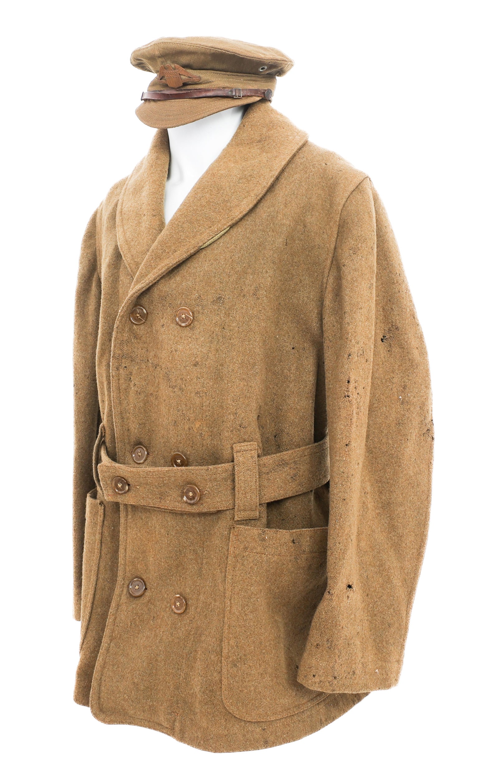 WWI US AMBULANCE SERVICE DRIVER CAP AND COAT: WWI US AMBULANCE SERVICE DRIVER CAP AND COAT WWI US Ambulance Service Driver Cap and Coat. (1) WWI US Ambulance Service Driver Wool Cap with badge marked Service Aux Armees. (1) WWI US Wool Coat. Six