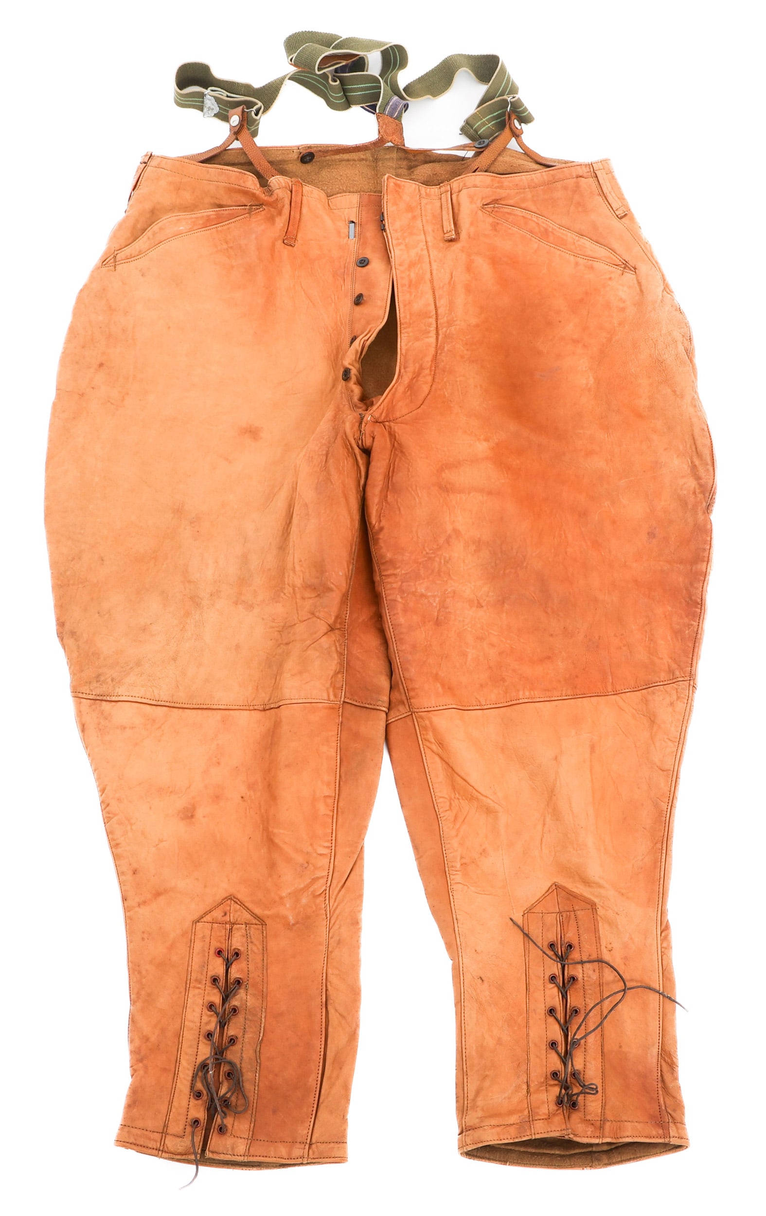 WWI US ARMY AIR CORPS PILOT FLYING PANTS: WWI US ARMY AIR CORPS PILOT FLYING PANTS WWI US Pilot Flying Pants. Moe Solomon & Co maker marked on tag. Size 43. Leather and wool. Suspender clips marked POLICE BRACE.