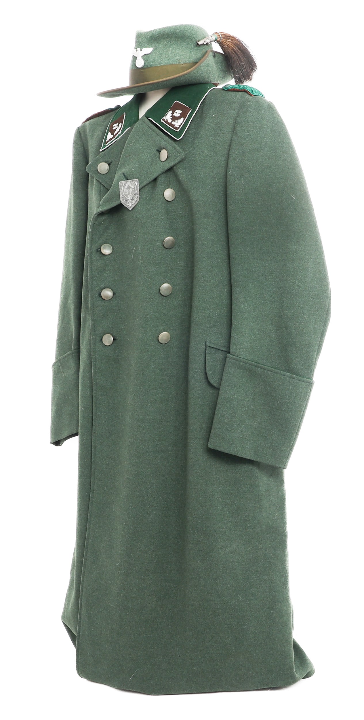 WWII GERMAN FOREST SERVICE OFFICER OVERCOAT: WWII GERMAN FOREST SERVICE OFFICER OVERCOAT WWII German Forestry Service, Reich ForestSchutz, Jadgsausfeher Game Warden Officers Overcoat and Hat. (1) WWII German Forestry Game Warden overcoat with nu