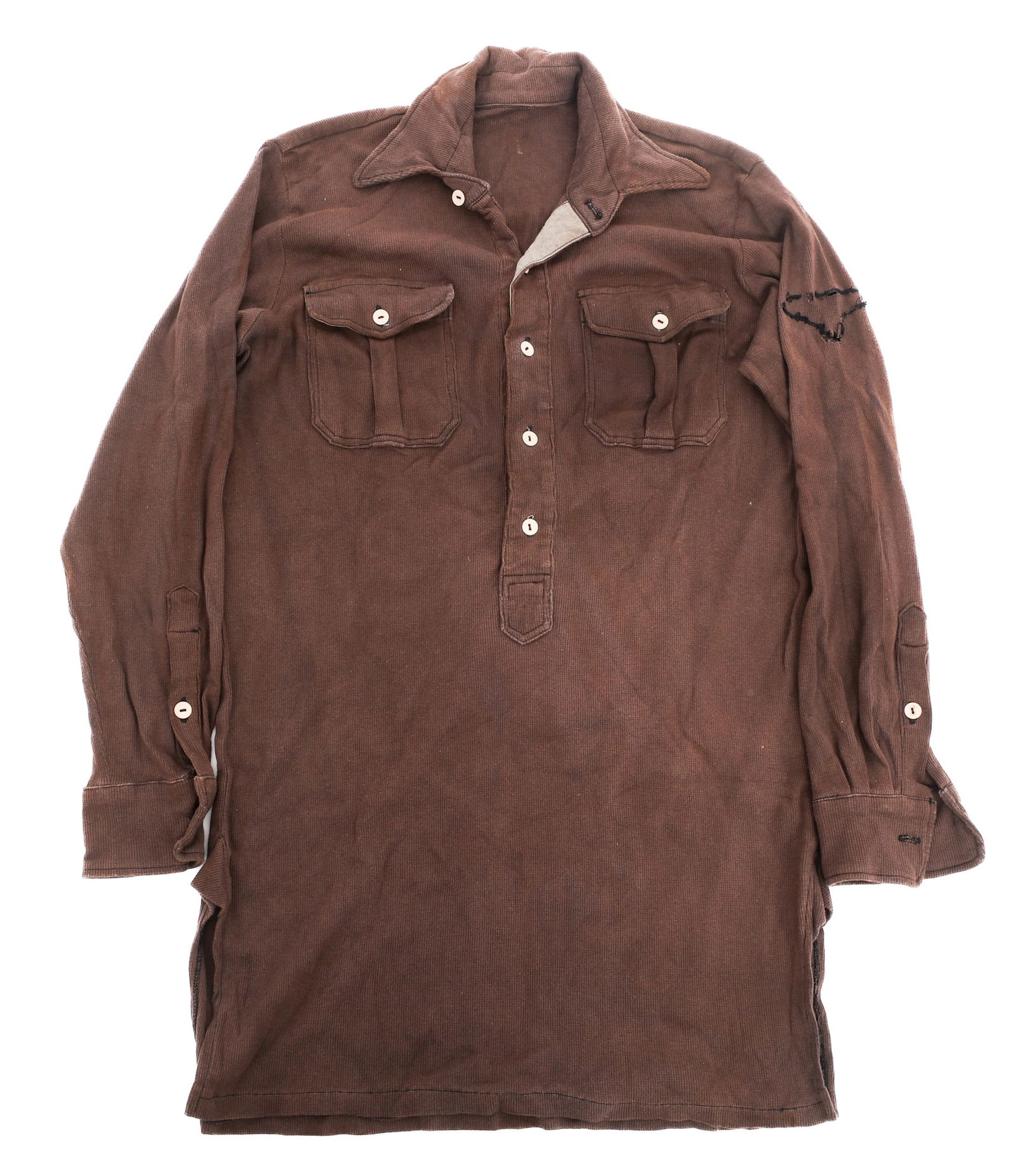 WWII GERMAN SS SERVICE UNDERSHIRT: WWII GERMAN SS SERVICE UNDERSHIRT WWII German SS Service Undershirt. Cotton construction. Sleeve eagle has been removed. No visible marks. Size: Medium