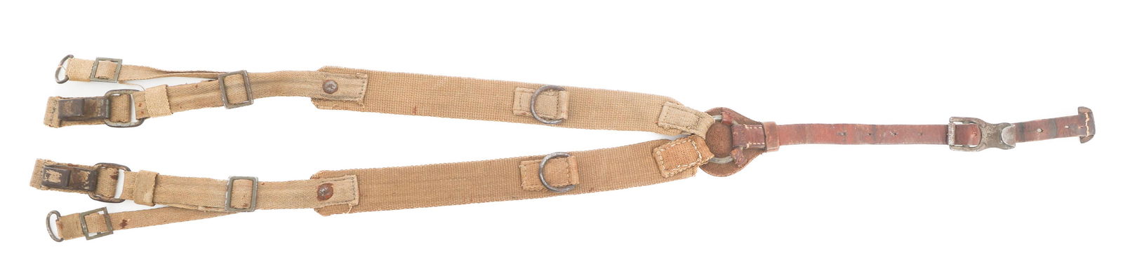 WWII GERMAN AFRIKA KORPS COMBAT Y STRAP SUSPENDERS: WWII GERMAN AFRIKA KORPS COMBAT Y STRAP SUSPENDERS WWII German Afrika Korps Combat Y Strap Suspenders. Canvas with leather and steel fittings by Assmann.