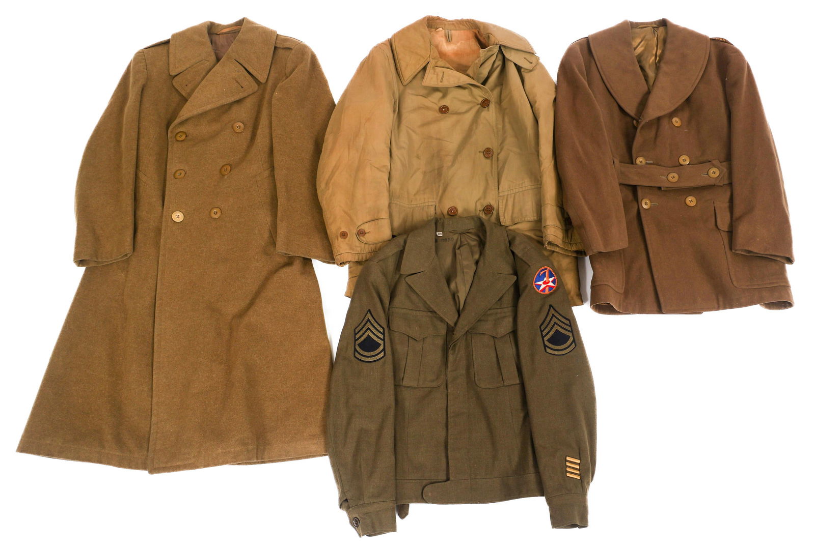 WWII US ARMY IKE JACKET, OVERCOATS, & MACKINAW: WWII US ARMY IKE JACKET, OVERCOATS, & MACKINAW WWII US Army Coats & Jacket. (1) Mackinaw Coat. No visible maker marks. (1) OD Wool Officer Short Overcoat. No maker marks. (1) Wool Officer Long Overcoa
