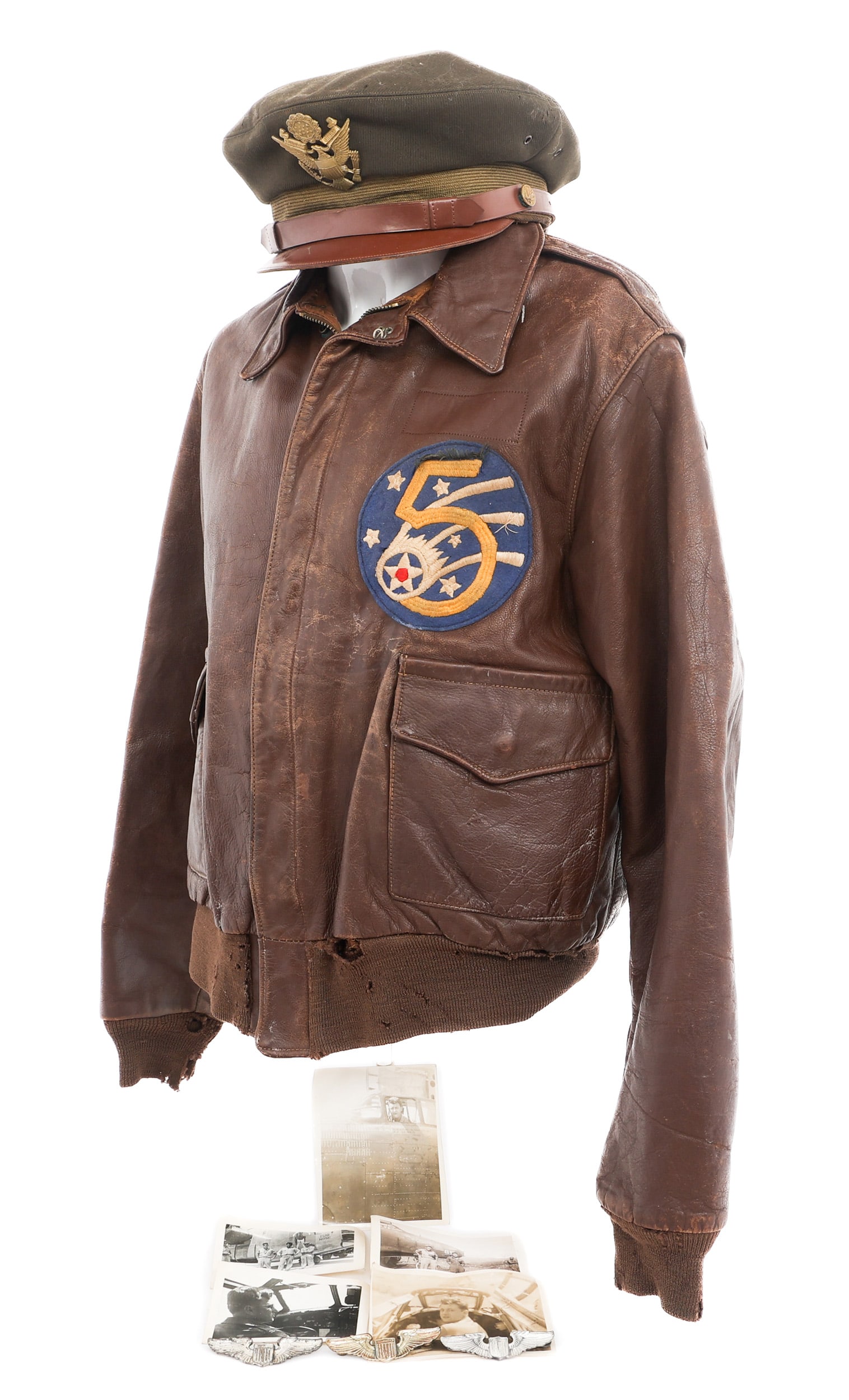 WWII US 5th AAF NAMED TYPE A-2 FLIGHT JACKET GROUP: WWII US 5th AAF NAMED TYPE A-2 FLIGHT JACKET GROUP WWII US 5th AAF Type A-2 Leather Flight Jacket Grouping. Named to Lieutenant Robert C. Tesar, pilot of the A-20 Havoc Bomber 43-9415. (1) Type A-2 Fl