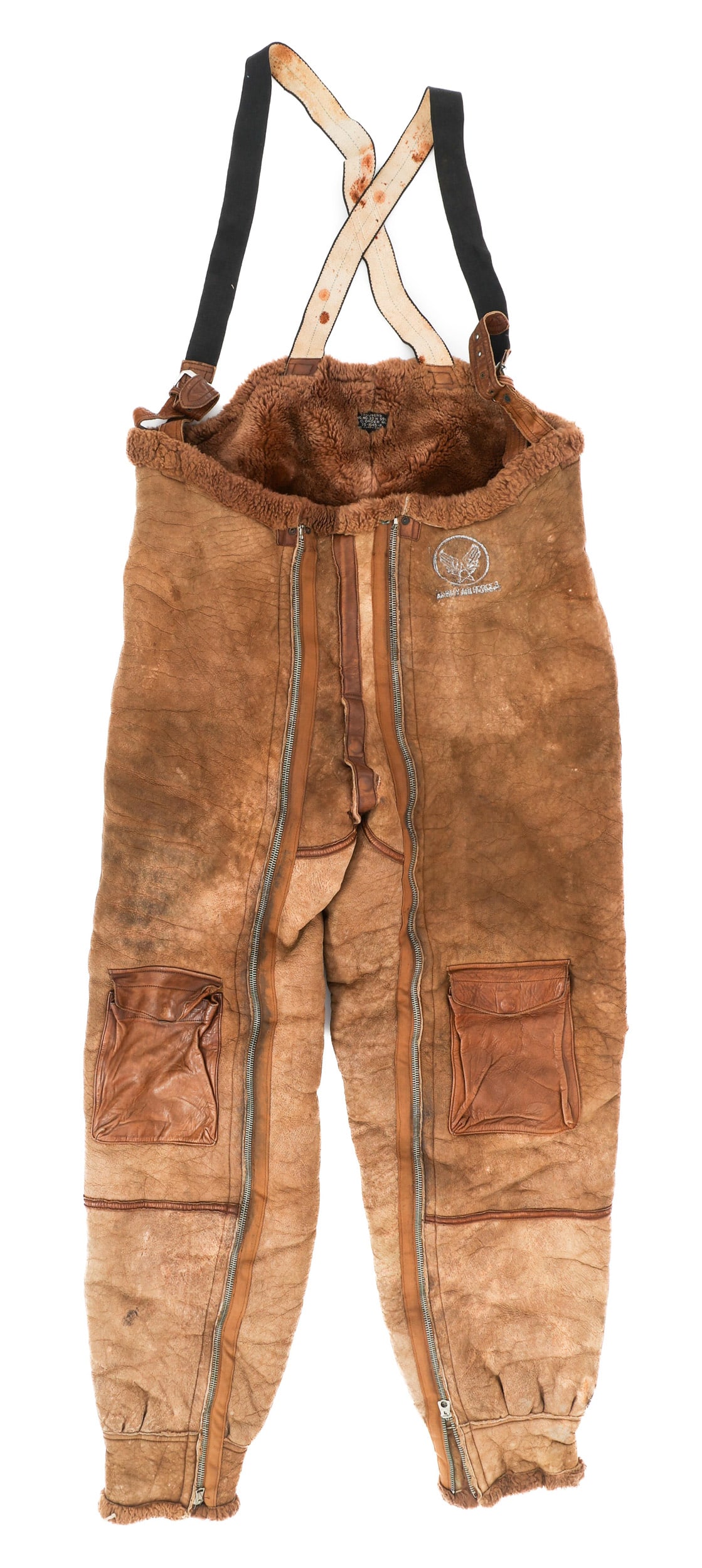 WWII US AAF SHEARLING SHEEPSKIN A-3 FLIGHT PANTS: WWII US AAF SHEARLING SHEEPSKIN A-3 FLIGHT PANTS WWII US Army Air Forces Type A-3 Flight Pants with Suspenders. Maker marked by Werber Leather Coat Co. Size 48. Marked for Army Air Forces on left hip.
