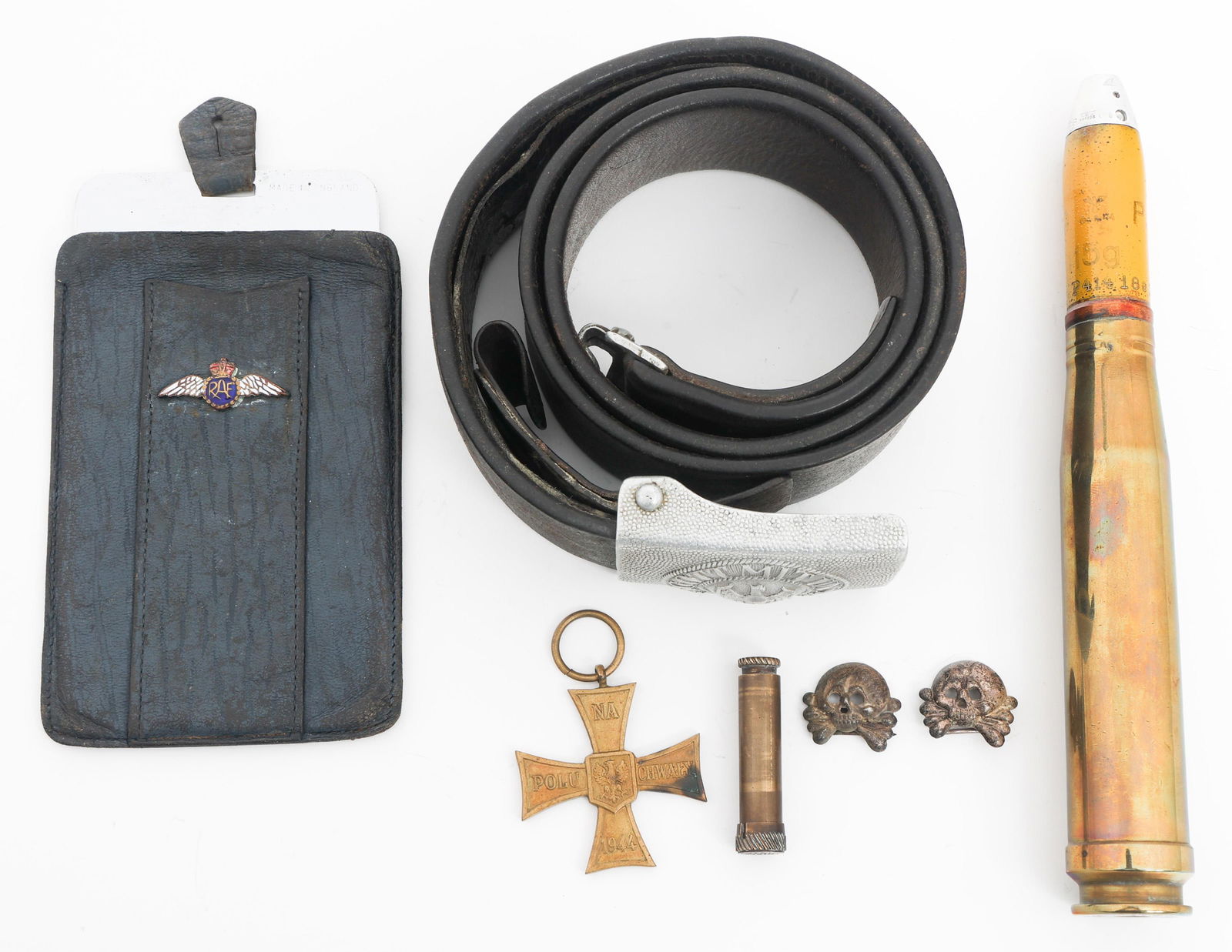 WWII UK, GERMAN & POLISH BELT, ORDNANCE & INSIGNIA: WWII UK, GERMAN & POLISH BELT, ORDNANCE & INSIGNIA WWII UK, German & Polish Belt, Ordnance and Insignia. (1) Heer Enlisted Belt. Leather tab marked 100. Alloy based buckle with no visible marks. (2) T