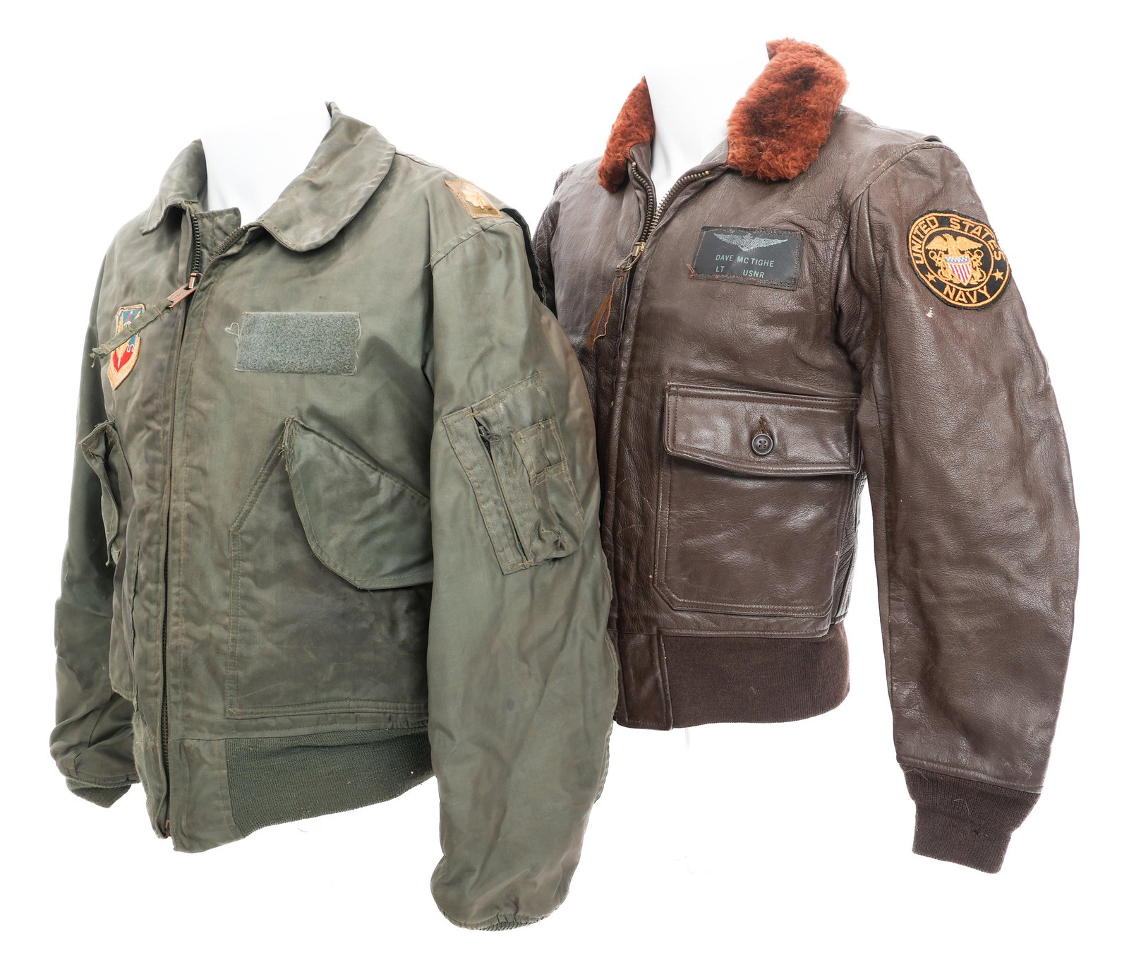COLD WAR US TYPE G-1 & CWU-45P FLIGHT JACKETS: COLD WAR US TYPE G-1 & CWU-45P FLIGHT JACKETS Cold War US Type G-1 and CWU-45P Flight Jackets. (1) Type G-1 Flying Jacket. Leather with fur collar. USN Shoulder Patch and name tape of Dave McTighe. Ma