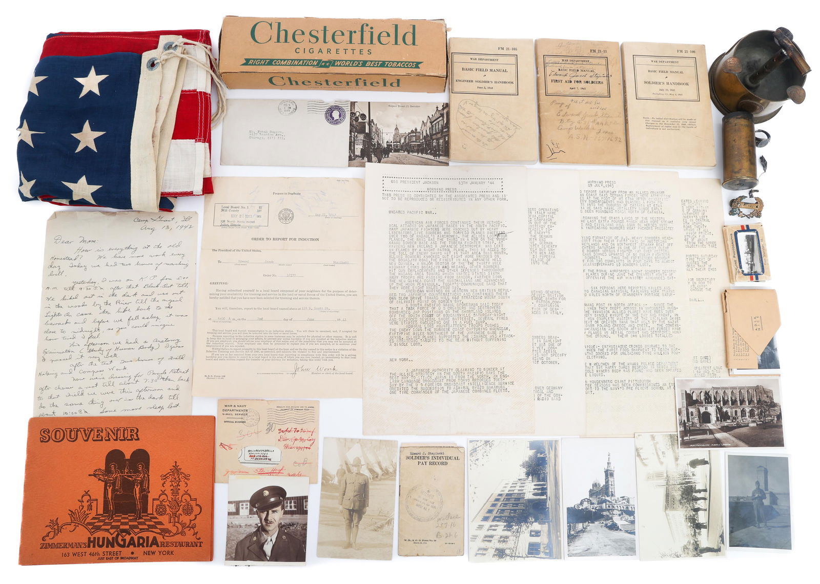 WWII US ARMY PRIVATE NAMED GROUPING: WWII US ARMY PRIVATE NAMED GROUPING WWII US Army Private Grouping. Named to Edward Jacob Stapinski, 36751692. Includes 48 Stag American flag, empty Chesterfield cigarette carton, postcards, letters, p