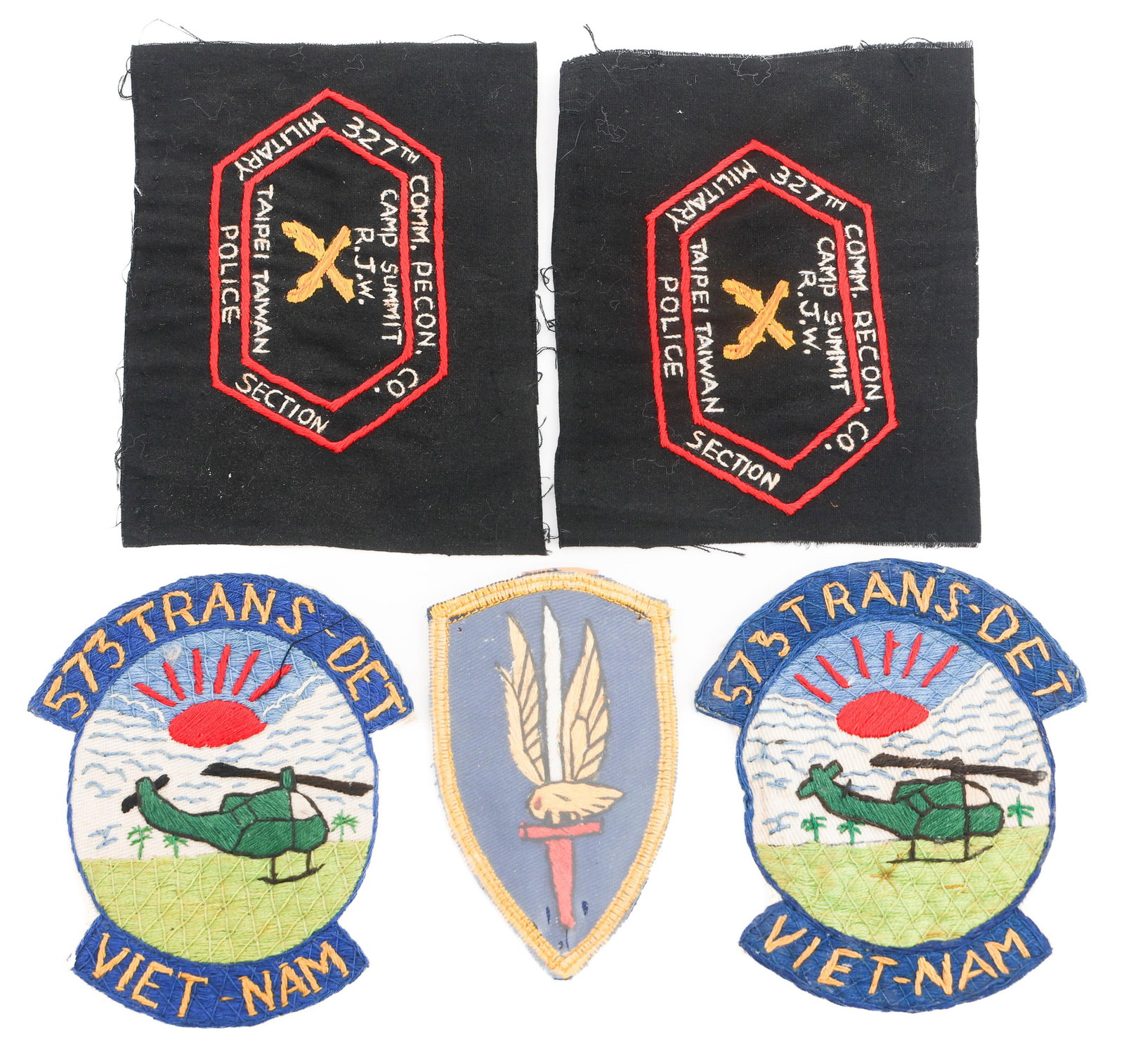 VIETNAM WAR US 327 COMM RECON & TRANS DET PATCHES: VIETNAM WAR US 327 COMM RECON & TRANS DET PATCHES Vietnam War US 327th Comm Recon & 573 Transport Detachment Patches. (2) 327th Comm Recon Co Taipei Taiwan MP Patch. (2) 573 Transport Detachment. (1)
