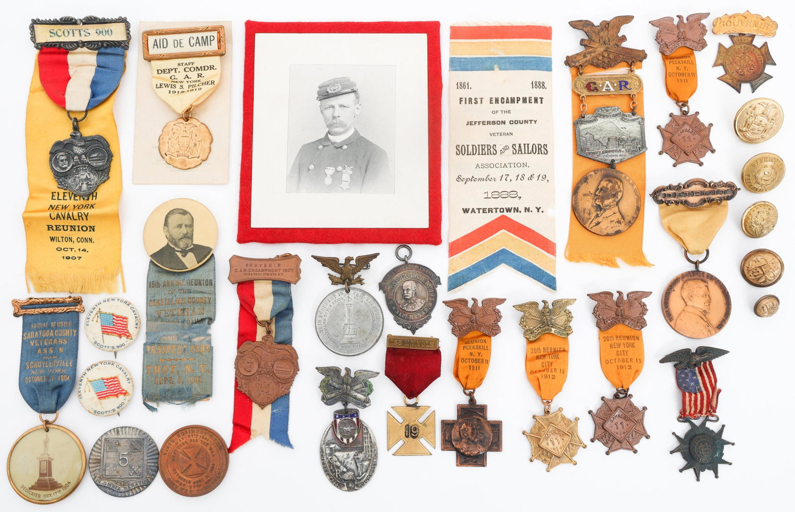 INDIAN WARS 11th NY CAV & GAR REUNION INSIGNIA: INDIAN WARS 11th NY CAV & GAR REUNION INSIGNIA Indian Wars 11th New York State Cavalry and GAR Reunion Insignia. includes medals, buttons, ribbons, badges and cabinet card.