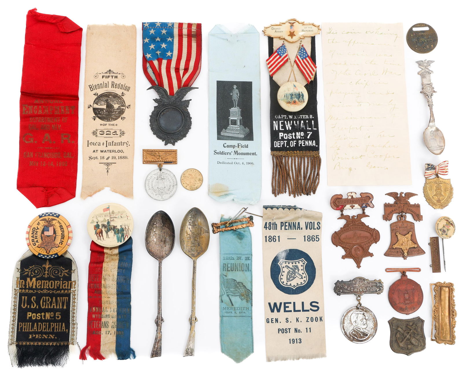 INDIAN WARS US STATE MILITIA MEDALS & RIBBONS: INDIAN WARS US STATE MILITIA MEDALS & RIBBONS Indian Wars US State Militia Medals, Ribbons, Insignia and Commemorative Spoons. Reunions include Philadelphia, San Francisco, 32nd Iowa Infantry, Meredit