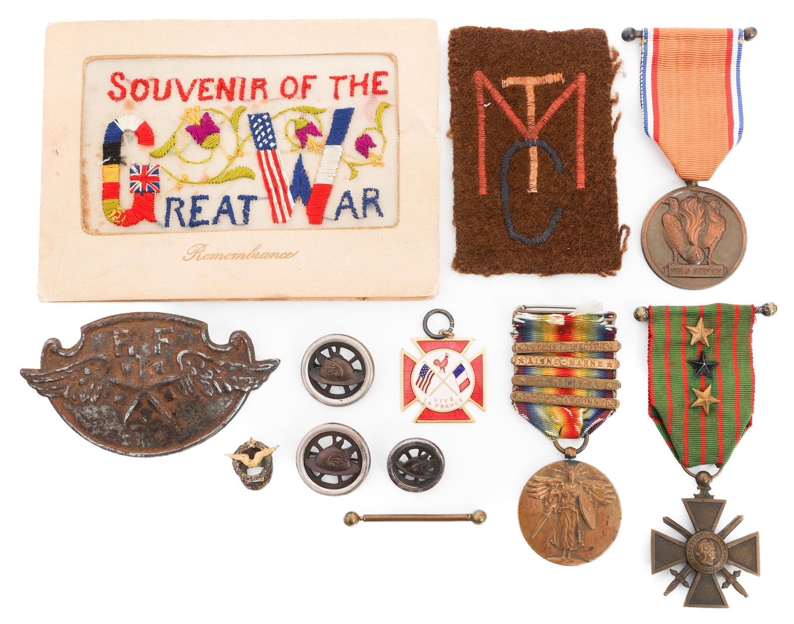 WWI US & FRENCH INSIGNIA, MEDALS & BADGES: WWI US & FRENCH INSIGNIA, MEDALS & BADGES WWI US and French Insignia, Medals and Badges. (1) American Field Service Medal. (1) American Fund for French Wounded Medal. (1) Motor Transport Corps Collar