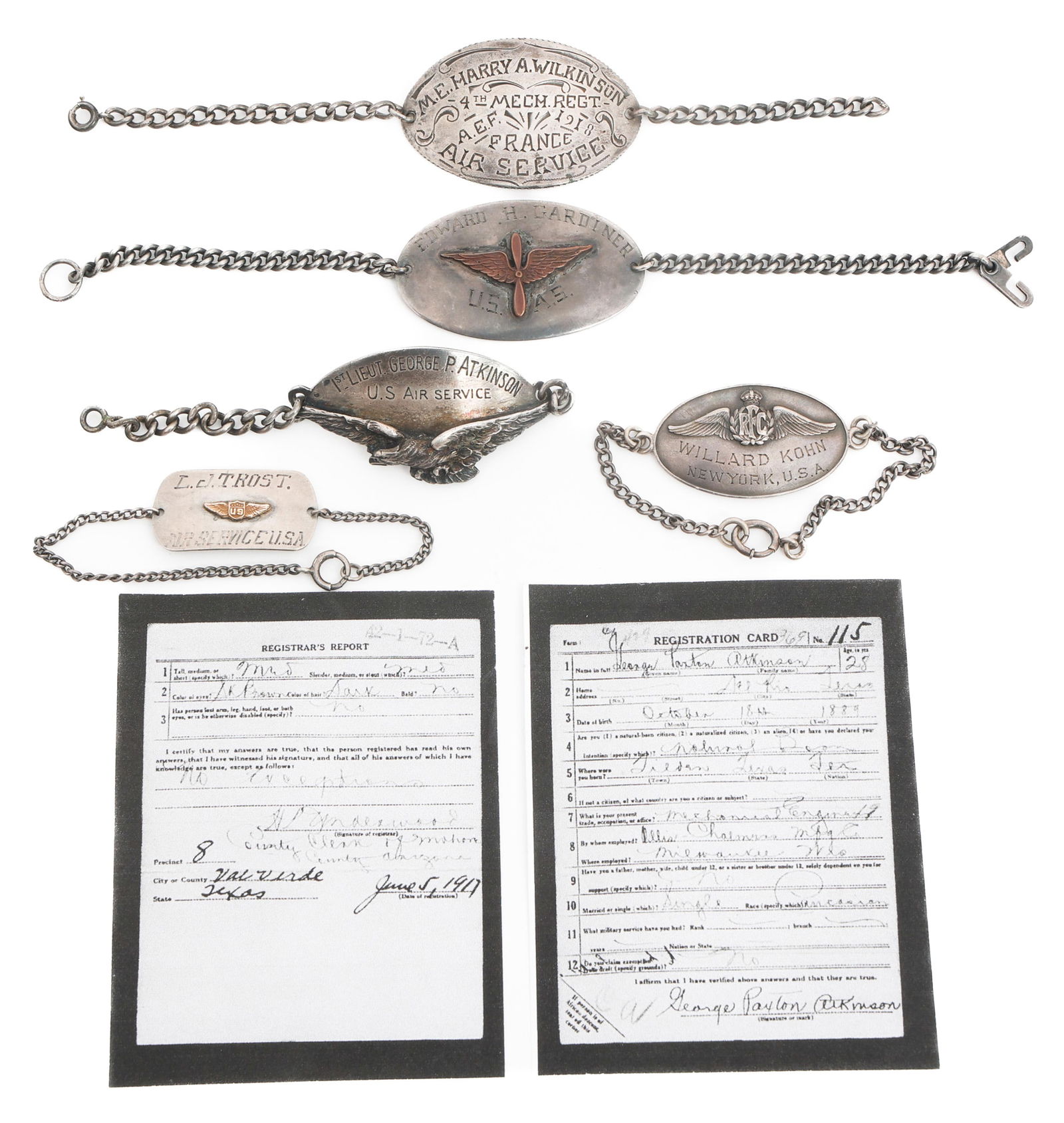 WWI US AIR CORPS & RFC VOLUNTEER NAMED ID BRACELET: WWI US AIR CORPS & RFC VOLUNTEER NAMED ID BRACELET WWI US Air Corps and Royal Flying Corps Volunteer Named ID Bracelets. (1) ID Bracelet. Etched "1st Lieutenant George P. Atkinson U.S. Air Service" on