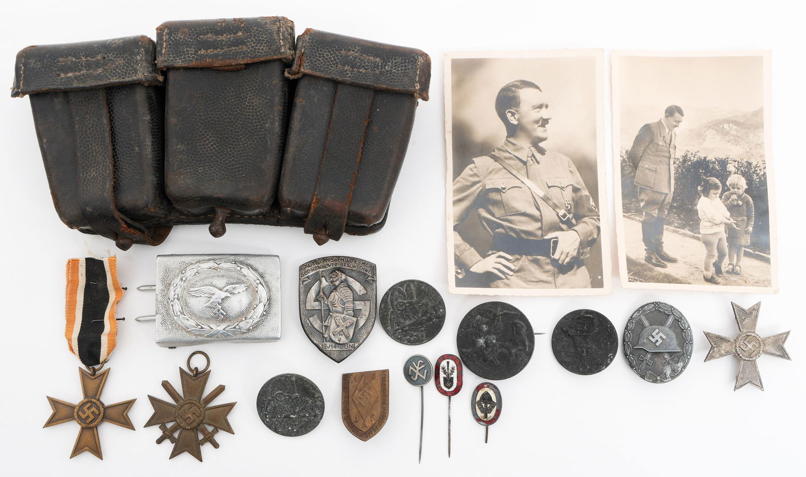 WWII GERMAN AMMUNITION POUCH, BUCKLE & INSIGNIA: WWII GERMAN AMMUNITION POUCH, BUCKLE & INSIGNIA WWII German K98 Ammunition Pouch and Insignia. K98 Triple Ammunition Pouch, Silver Wound Badge, Luftwaffe Belt Buckle, Hitler Youth Badge, RAD Stick Pin