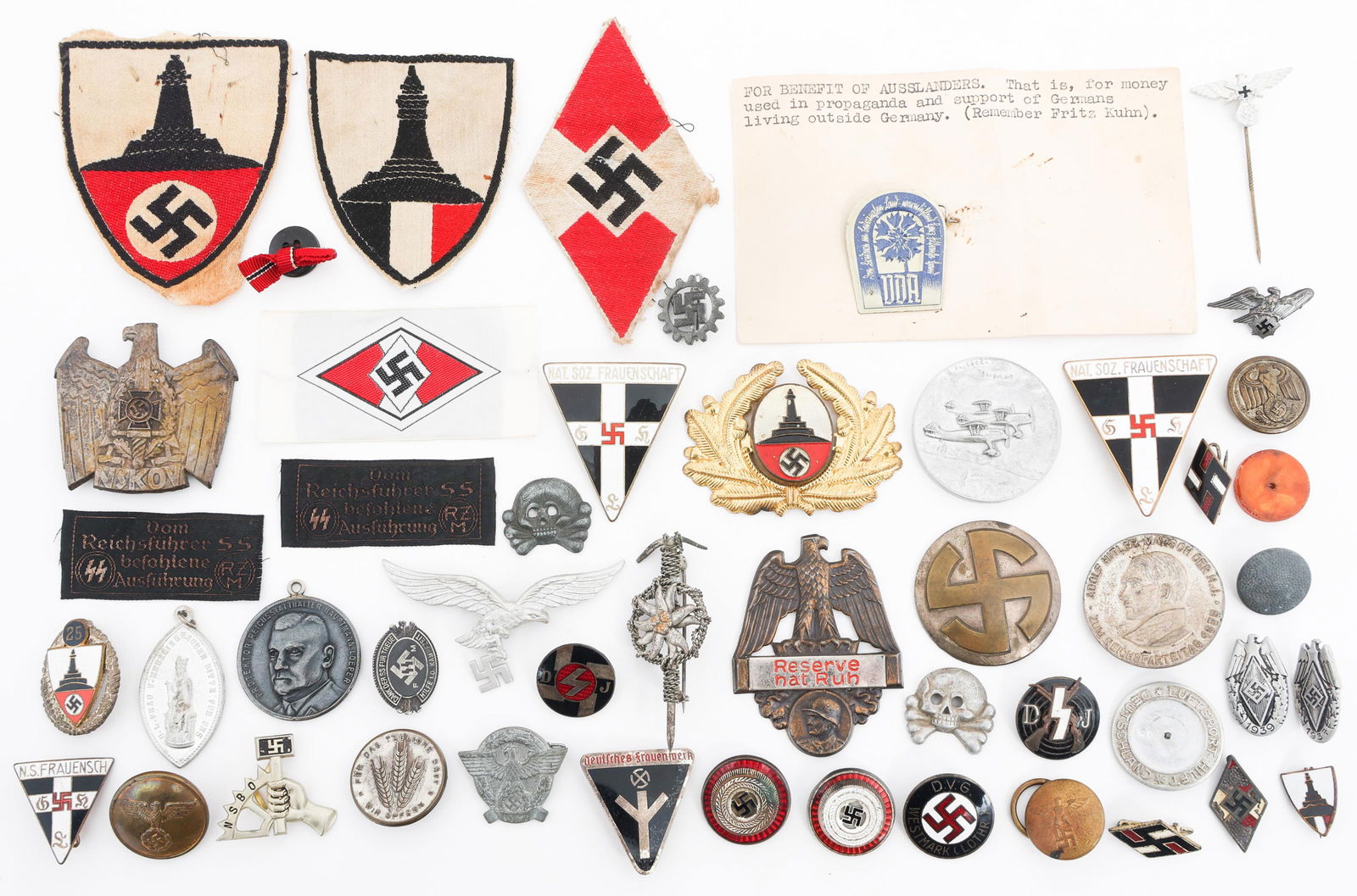 WWII GERMAN ORGANIZATIONAL BADGES & INSIGNIA: WWII GERMAN ORGANIZATIONAL BADGES & INSIGNIA WWII German Organizational Insignia. Includes DJ Marksman, Totenkopf, Hitler Youth Insignia, Kyffh?userbund Pins, Luftwaffe Cap Badge, DAF, Edelweiss Miner