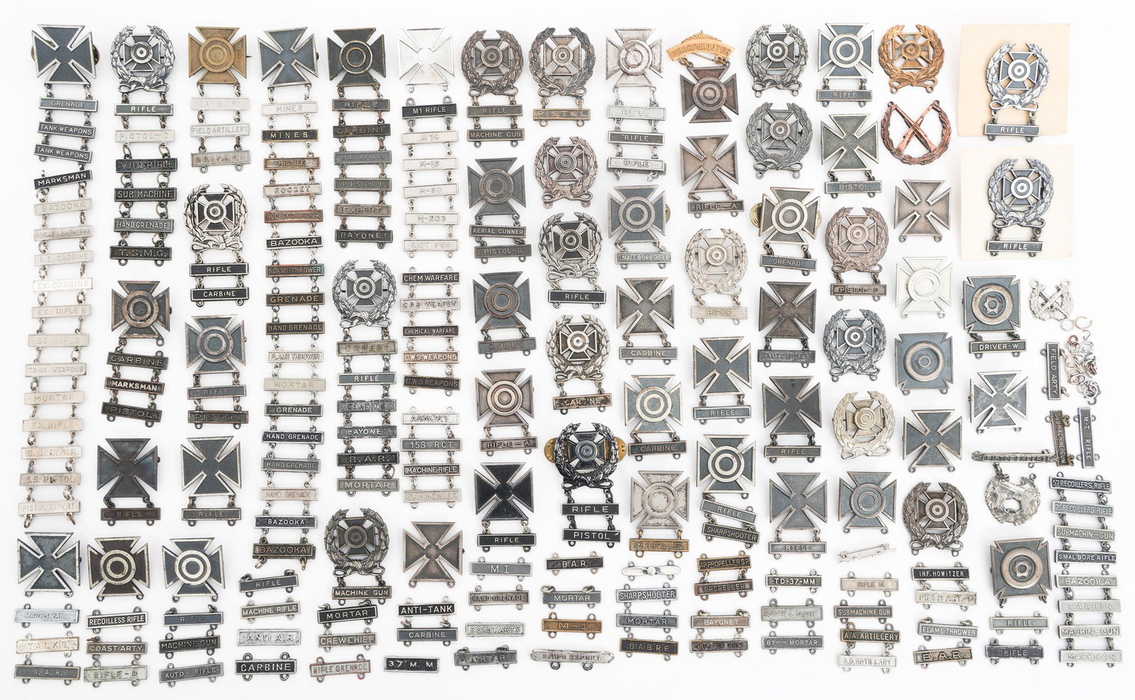 WWII - COLD WAR US MILITARY MARKSMANSHIP BADGES: WWII - COLD WAR US MILITARY MARKSMANSHIP BADGES WWII - Cold War US Military Marksmanship Badge Bonanza. Includes Sharpshooter, Expert Rifleman, Expert Pistol, BAR, Carbine, Chemical. Warfare, Grenade,