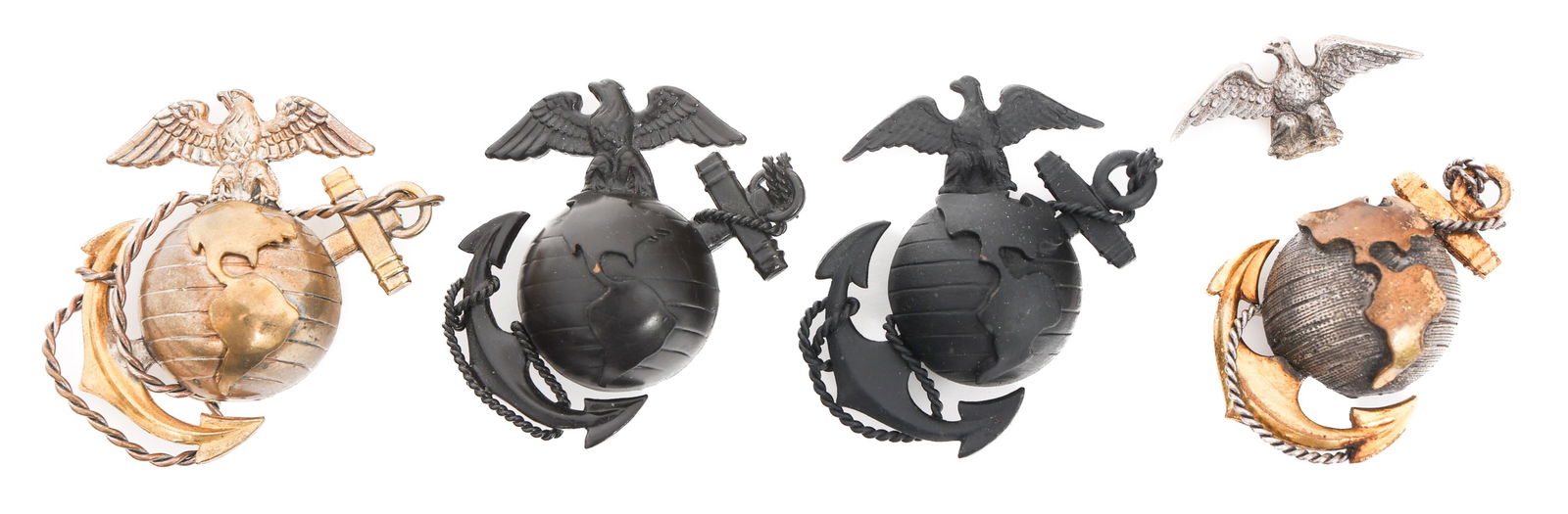 WWII USMC OFFICER SERVICE & DRESS CAP EGAS: WWII USMC OFFICER SERVICE & DRESS CAP EGAS WWII USMC Officer Cap EGAs. Includes (2) P1936 Officer Service cap EGAs. Screw back, maker marked. (2) P1936 Officer Dress cap EGAs. Screw back, maker marked