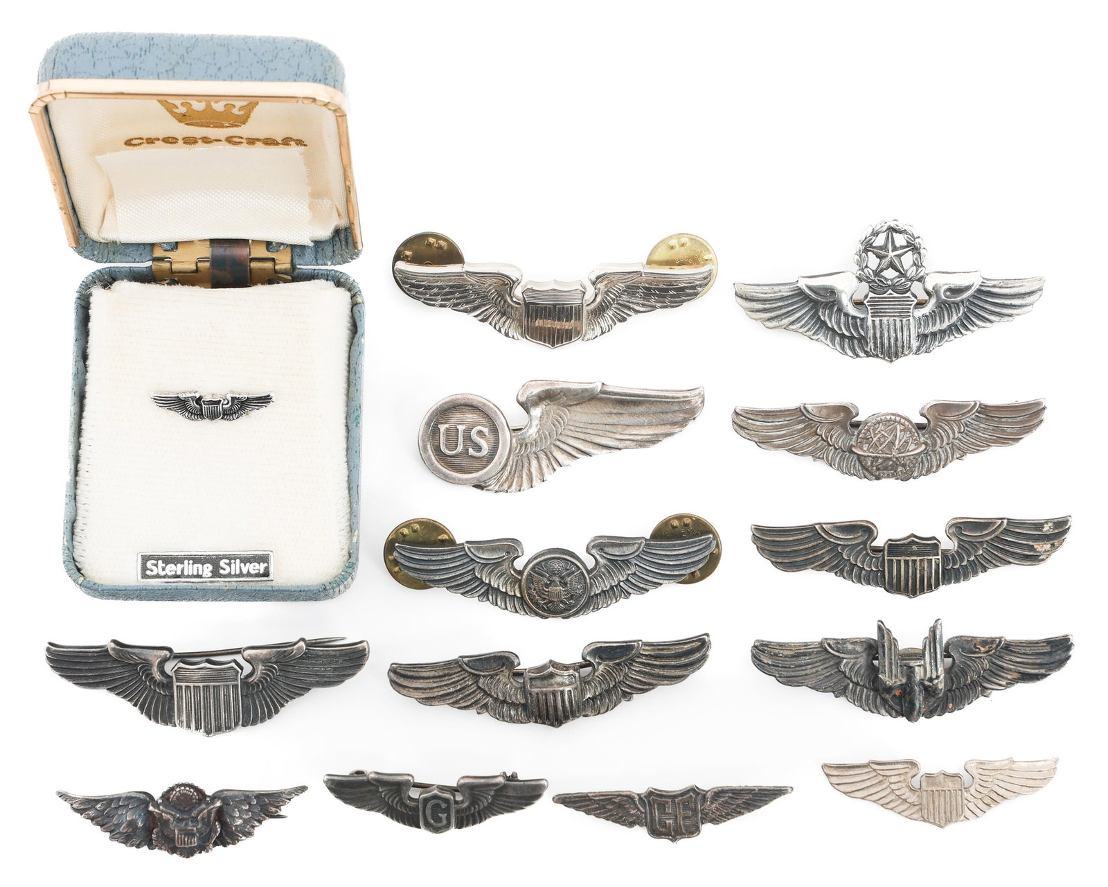 WWII USAAF 3/4" - 2" QUALIFICATION WINGS: WWII USAAF 3/4" - 2" QUALIFICATION WINGS WWII USAAF 3/4" - 2" Qualification Wings. (6) Pilot. (1) Senior Pilot. (2) Air Crew. (1) Aerial Gunner. (1) Navigator. (1) Glider Pilot. Size: 3/4" - 2"