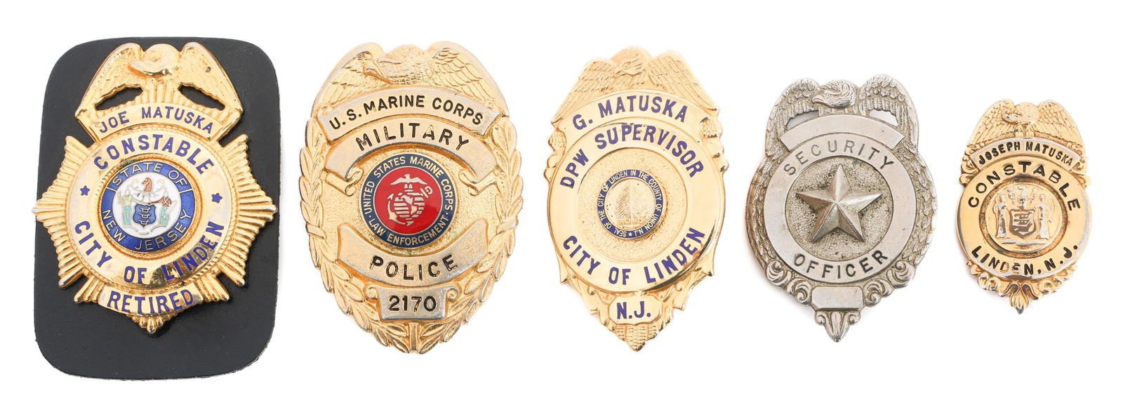 COLD WAR USMC & POLICE BADGES: COLD WAR USMC & POLICE BADGES Cold War USMC and Police Badge. (1) DPW Supervisor. (1) USMC Military Police. (2) Constable. (1) Security Officer.