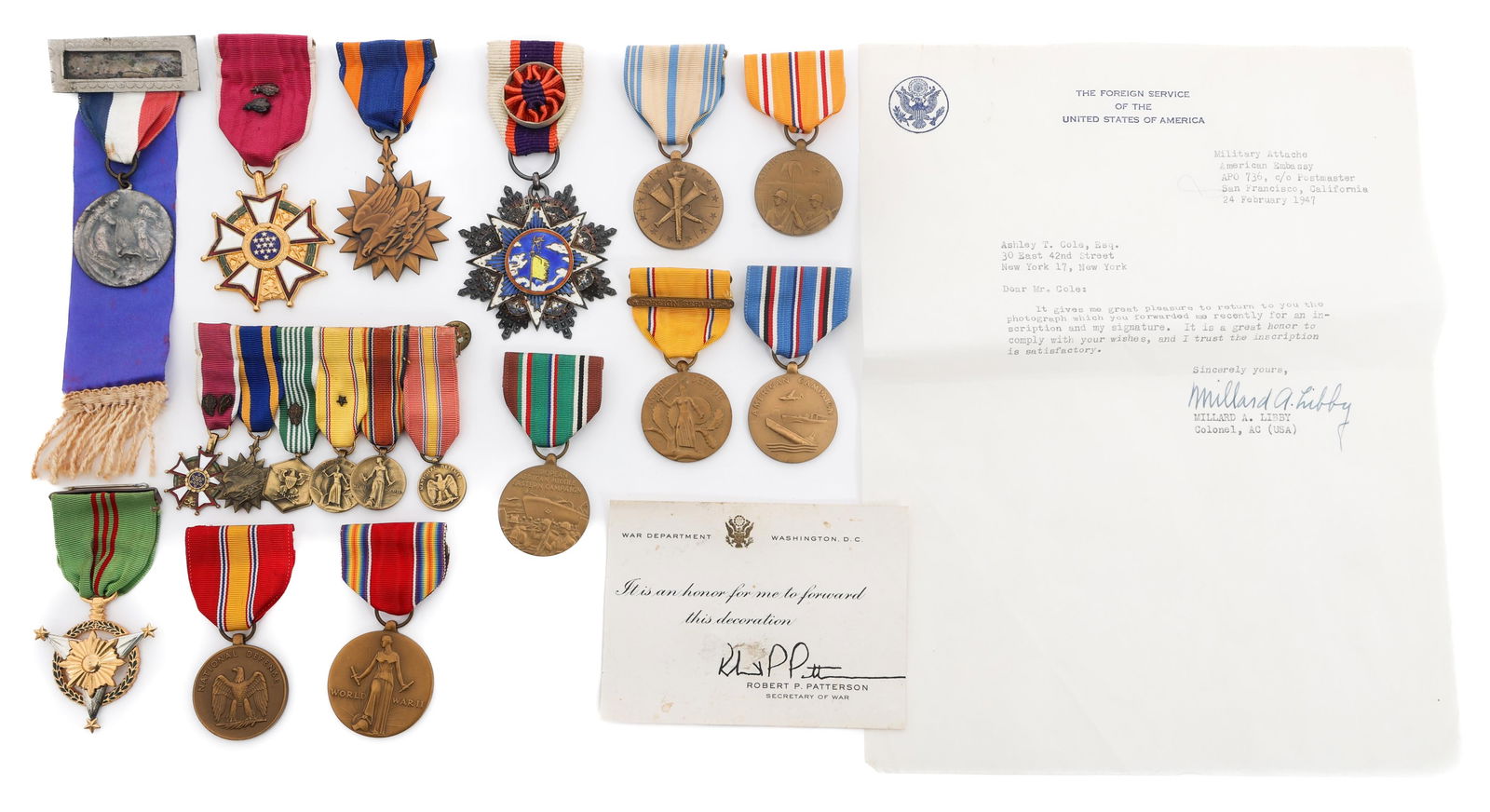 WWII US ARMED FORCES NAMED MEDAL GROUPING: WWII US ARMED FORCES NAMED MEDAL GROUPING WWII US Armed Forces Medal Grouping. Named to Colonel Millard A Libby. (1) Legion of Merit Medal. Named to Millard A Libby on the reverse. (1) Air Medal. Name