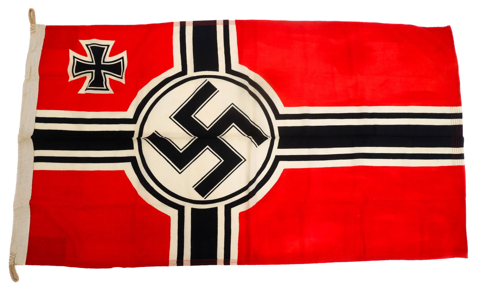 WWII GERMAN REICHSKRIEGSFLAG NATIONAL BATTLE FLAG: WWII GERMAN REICHSKRIEGSFLAG NATIONAL BATTLE FLAG WWII German Reichskriegsflagge (National War Flag). Double sided printed cotton. Swastika in center and iron cross in upper corner. Ink stamped Reichs