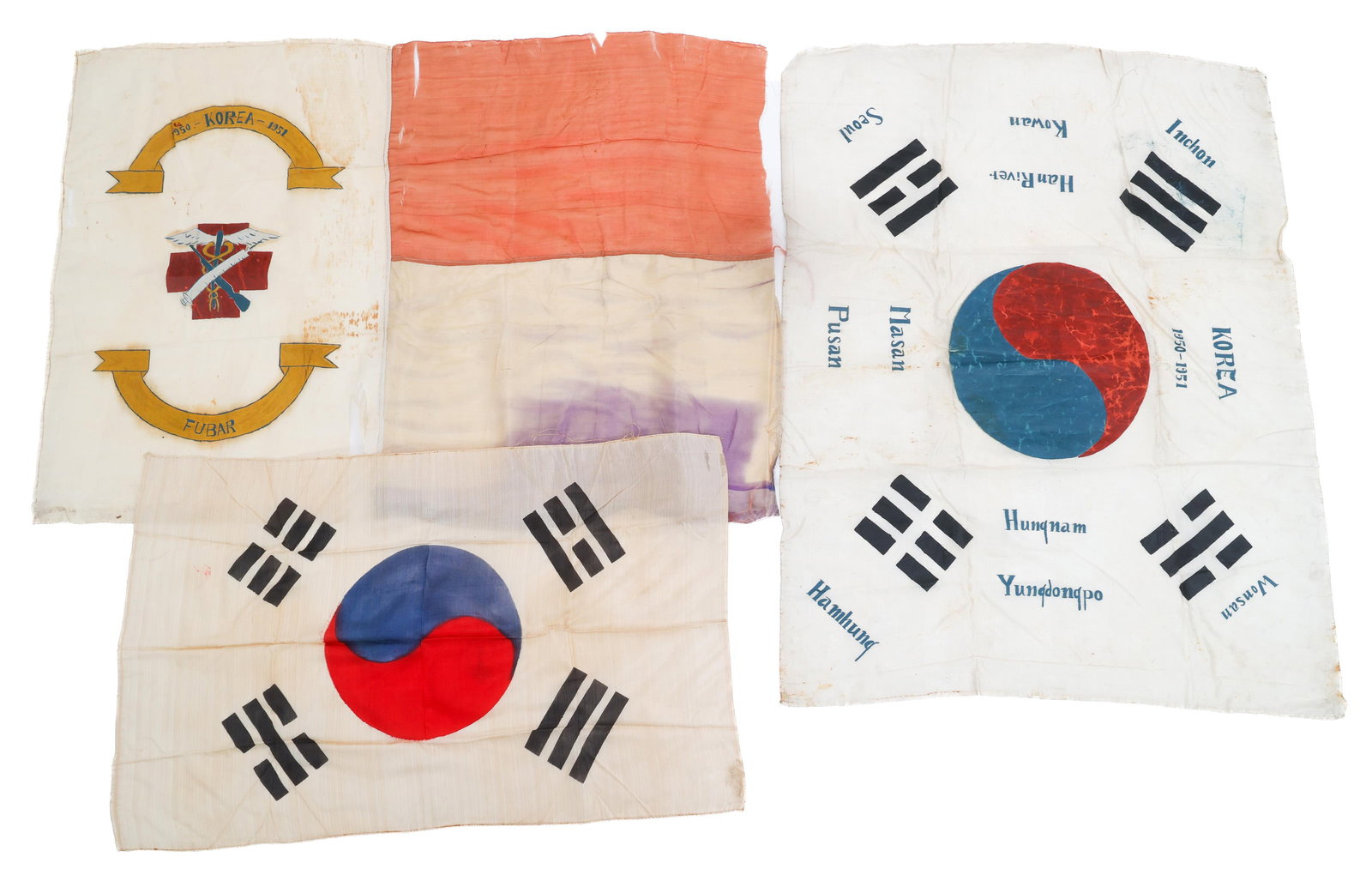 KOREAN WAR US HAND PAINTED & SILK KOREAN FLAG: KOREAN WAR US HAND PAINTED & SILK KOREAN FLAG Korean War US Hand Painted FUBAR and South Korean Flags. (1) Soldier Hand Painted FUBAR Flag. Multi piece silk with hand painted emblem. (2) South Korean