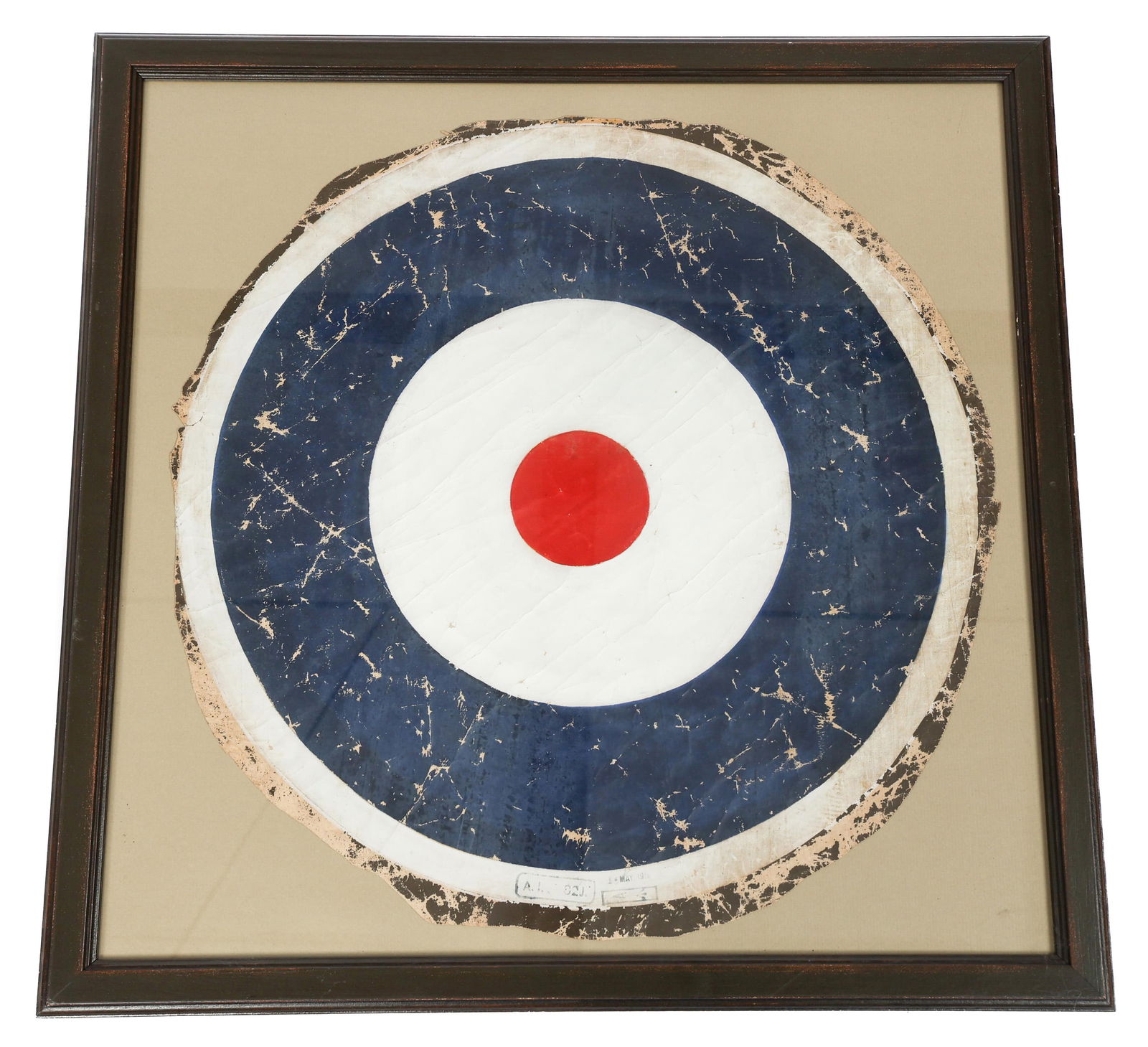 WWI BRITISH ROYAL FLYING CORPS AIRPLANE ROUNDEL: WWI BRITISH ROYAL FLYING CORPS AIRPLANE ROUNDEL WWI British Royal Flying Corps Airplane Cut Fabric Roundel. Stamped "A. I. 82J MAY 1918". Roundel size: 20". Frame: 24" x 24".