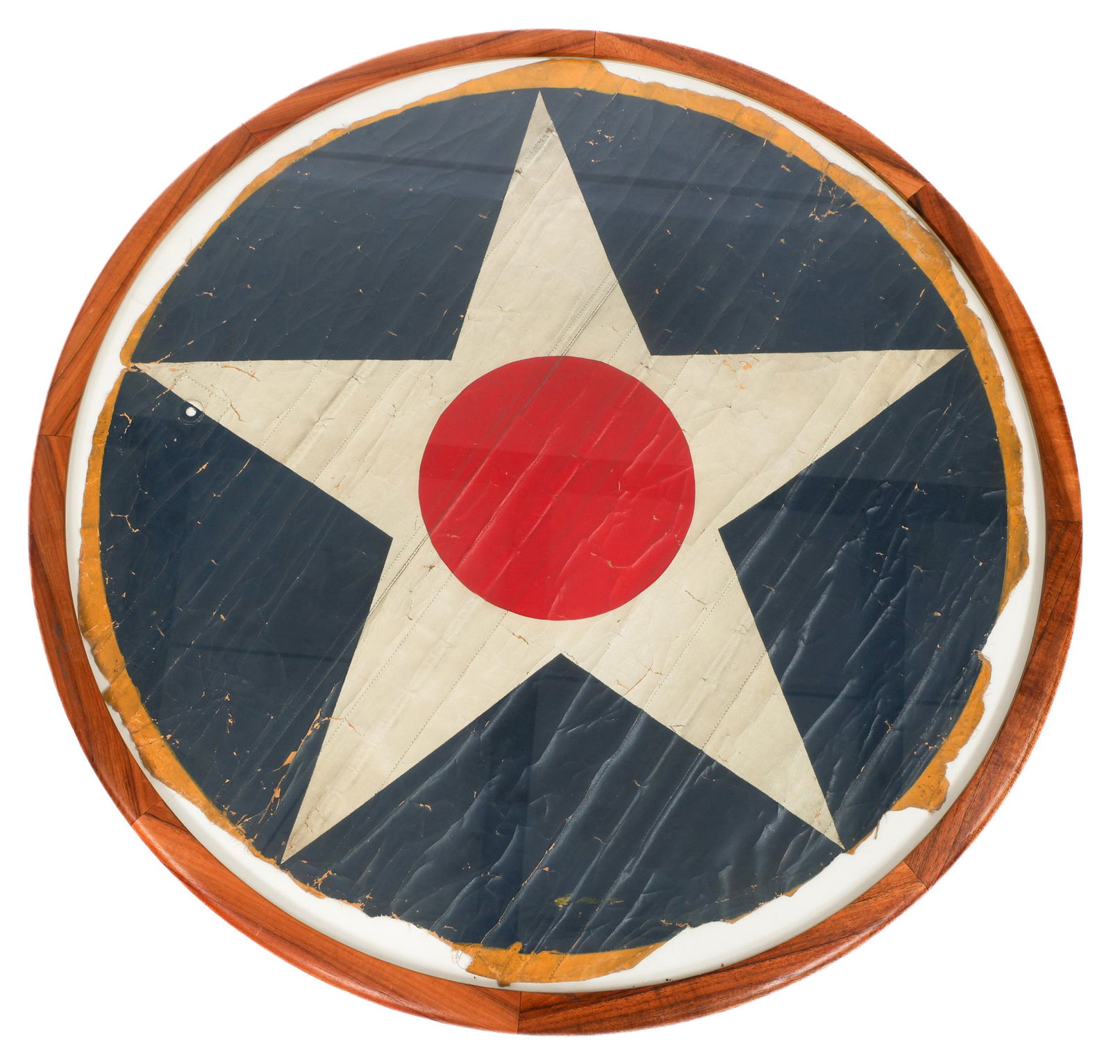1920s USAAS CUT FABRIC AIRPLANE ROUNDEL: 1920s USAAS CUT FABRIC AIRPLANE ROUNDEL 1920s US Army Air Service Airplane Cut Fabric Roundel. Roundel size: 30". Frame: 36".