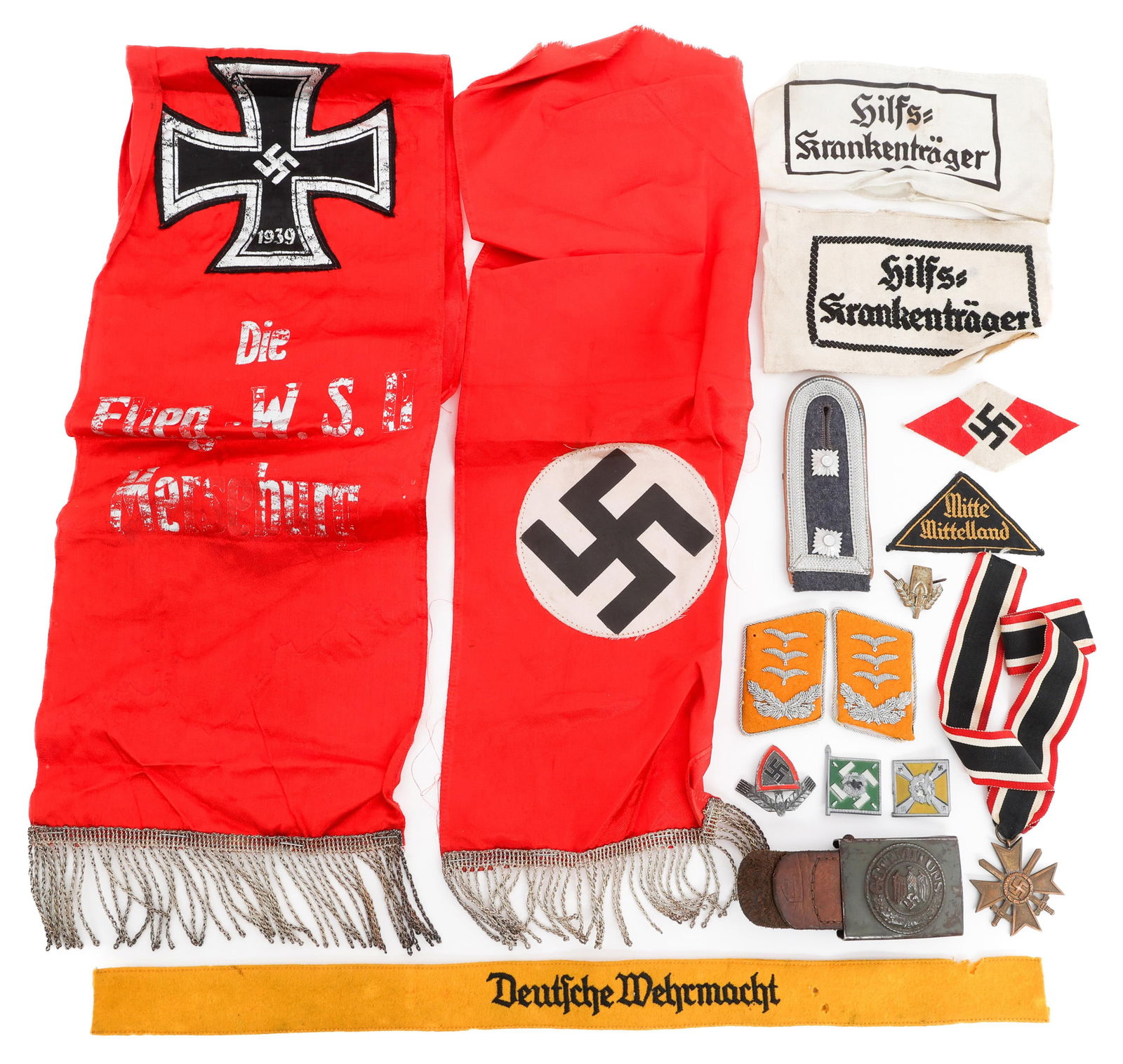 WWII GERMAN ARMBANDS, MEDALS, BADGES, & TASSELS: WWII GERMAN ARMBANDS, MEDALS, BADGES, & TASSELS WWII German Medals, Armbands, Patches, Shoulder and Collar Boards, Badges, and more. (1) WWII German Deutsche Wehrmacht Cuff Title. (1) WWII German Luft