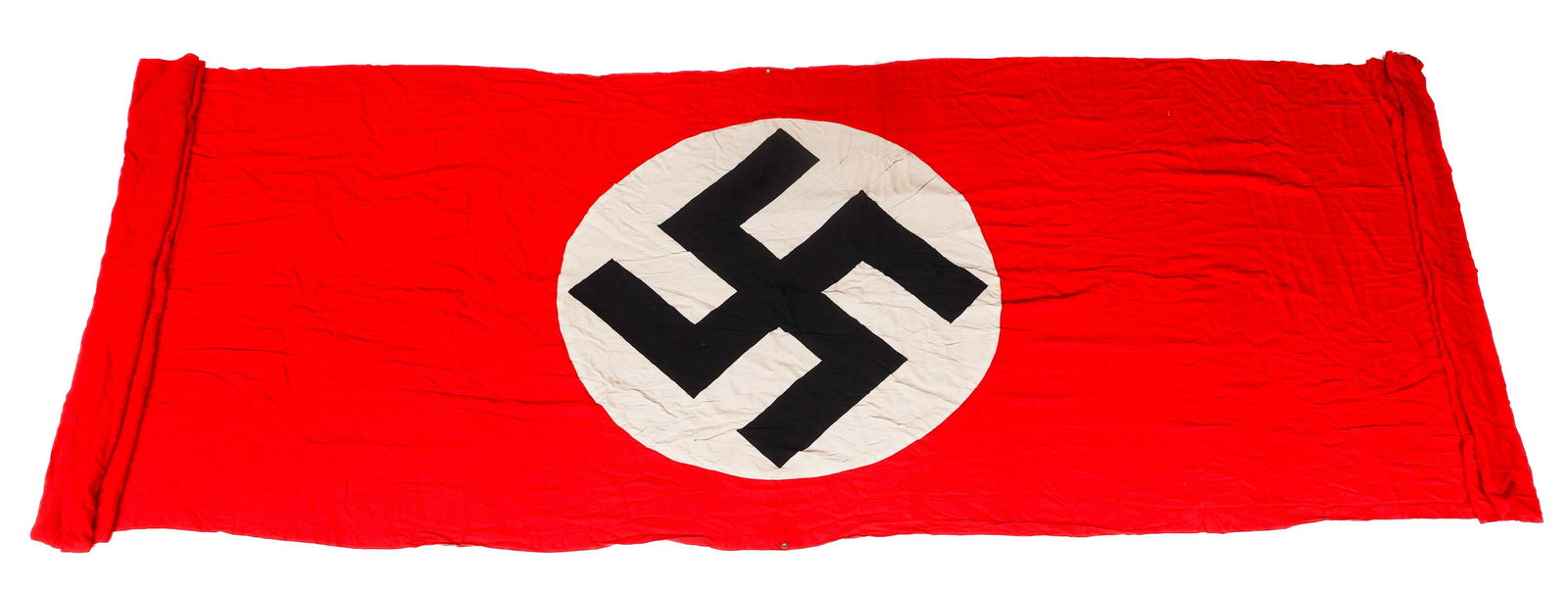 WWII GERMAN NSDAP BUILDING BANNER: WWII GERMAN NSDAP BUILDING BANNER WWII German NSDAP Building Banner. Single sided, multi-piece cotton with printed emblem. Stiched header with grommets. Size: 192" x 54"