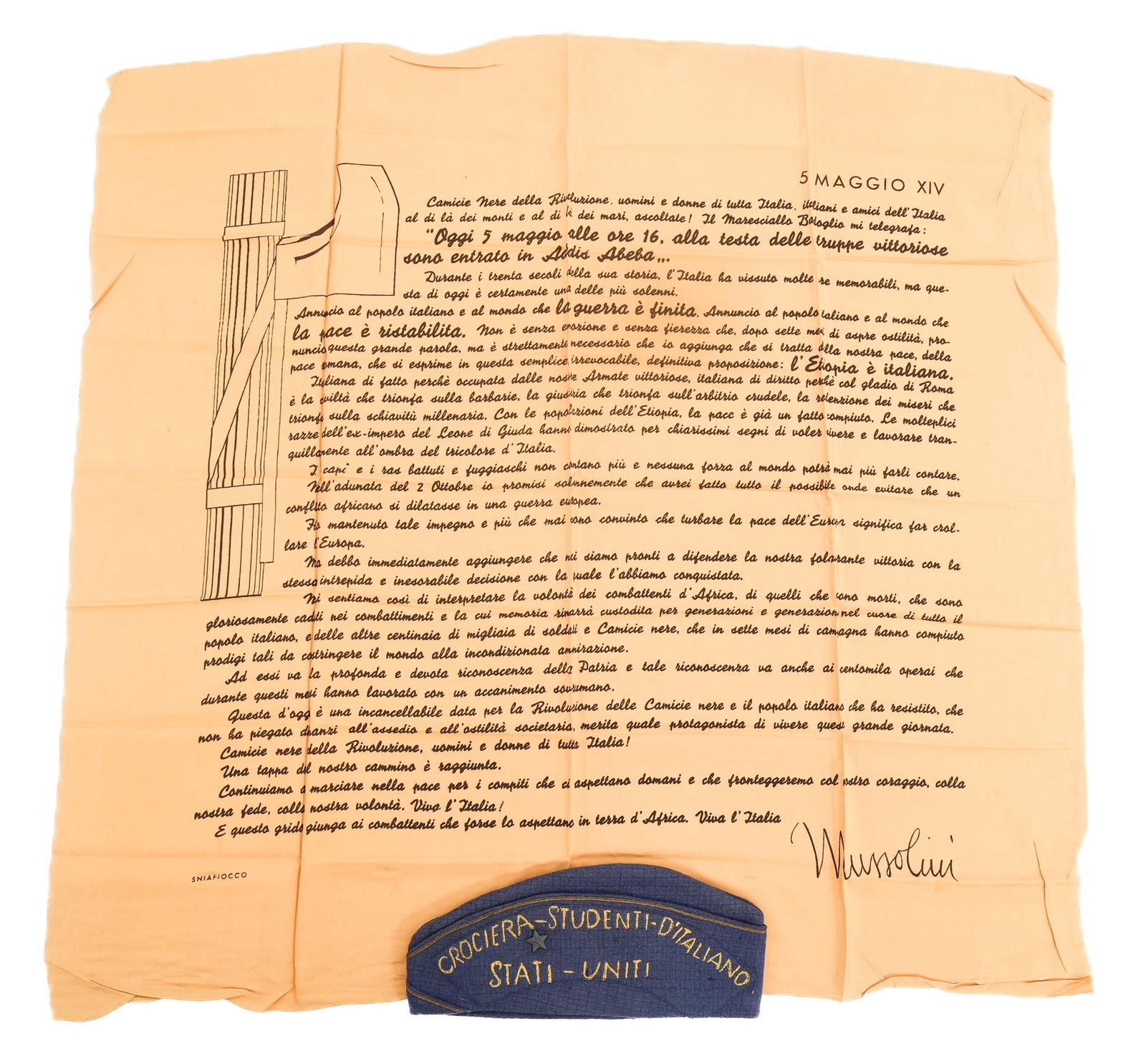 1920s ITALIAN STUDENT CRUISE CAP & MUSSOLINI SCARF: 1920s ITALIAN STUDENT CRUISE CAP & MUSSOLINI SCARF 1920s Italian Student Cruise Garrison Cap and Mussolini Scarf. (1) Italian Student Cruise of the United States Garrison Cap. Cotton with Bullion and