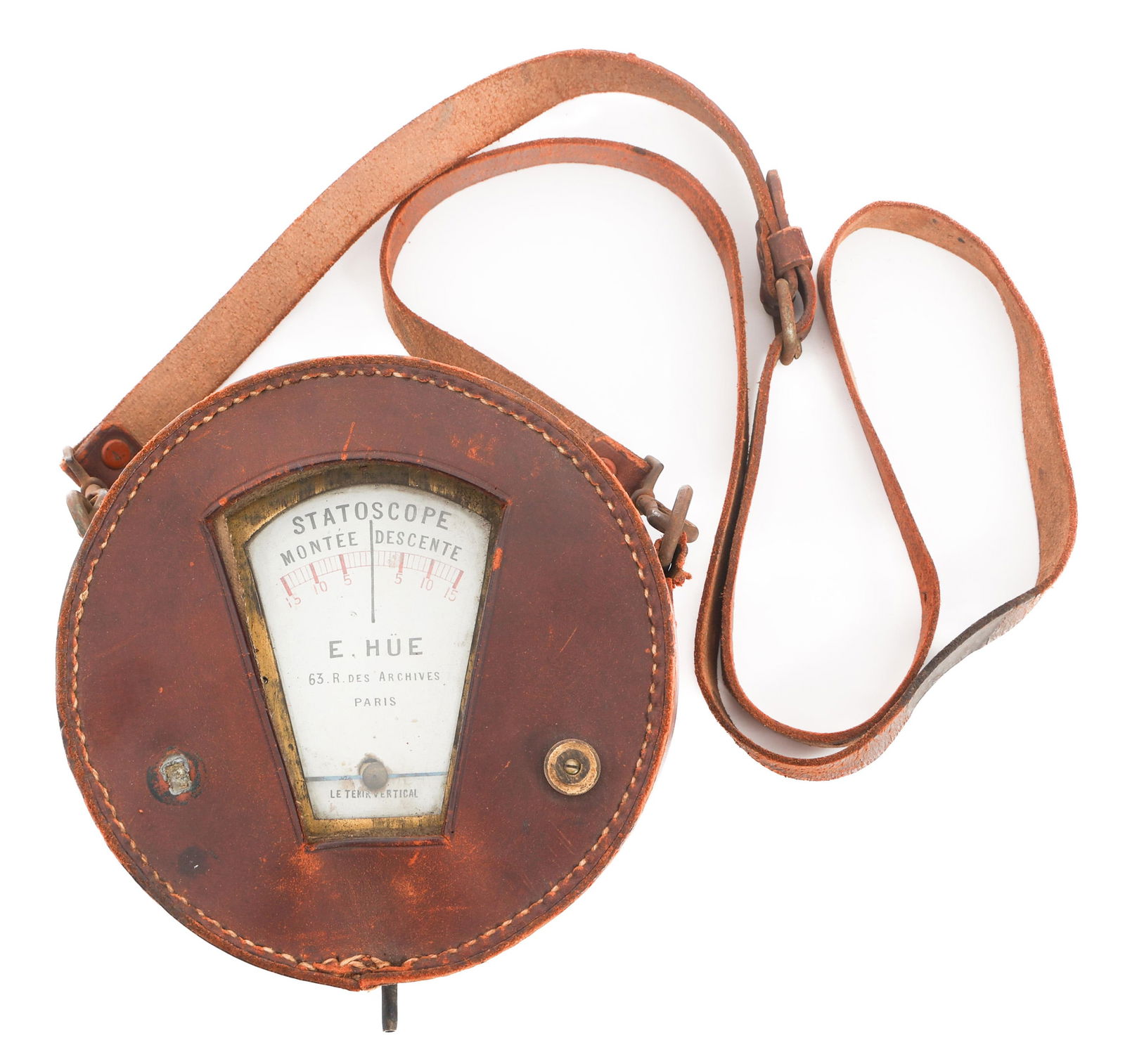 WWI FRENCH AIRSHIP STATOSCOPE: WWI FRENCH AIRSHIP STATOSCOPE WWI French Airship Statoscope. Maker marked J.W. Bemis in St. Louis and E. Hue 63 R. Des Archives, Paris. Marked Mont?e and Descent for measuring Ascent and Descent