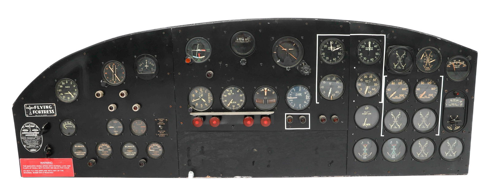 WWII US B-17 BOMBER INSTRUMENT PANEL DISPLAY: WWII US B-17 BOMBER INSTRUMENT PANEL DISPLAY WWII US B-17 Bomber Instrument Panel Display. Black painted wood housing with all period original instruments and gauges. Boeing manufacture plate. Serial