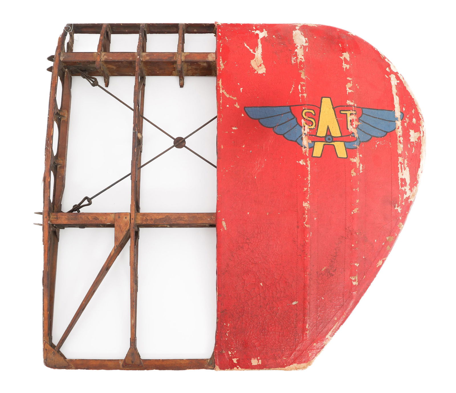 WWI - WWII US AIRCRAFT PAINTED REAR TAIL FIN: WWI - WWII US AIRCRAFT PAINTED REAR TAIL FIN WWI - WWII US Civilian Aircraft Rear Tail Fin. Wooden construction with steel fittings. Painted SAT training school insignia. Size: 26" x 24" x 3"
