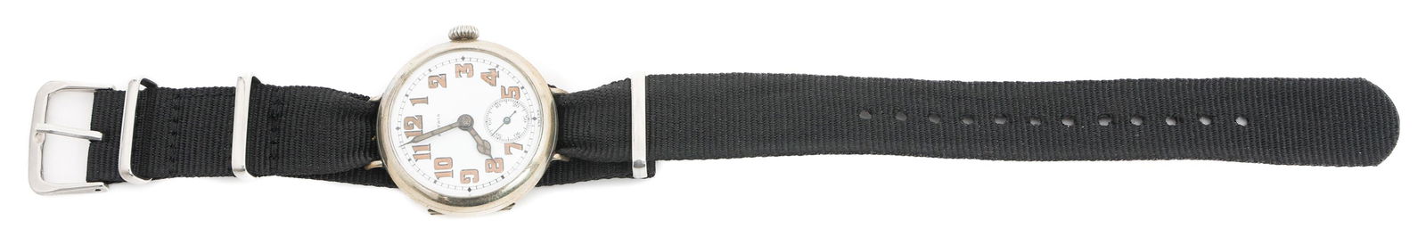 WWI FRENCH SERVICE WATCH by PATRIA: WWI FRENCH SERVICE WATCH by PATRIA WWI French Service Wristwatch. "JAL" monogram etched on the reverse. Nickel case. Black canvas strap. Maker marked by Patria inside the case.