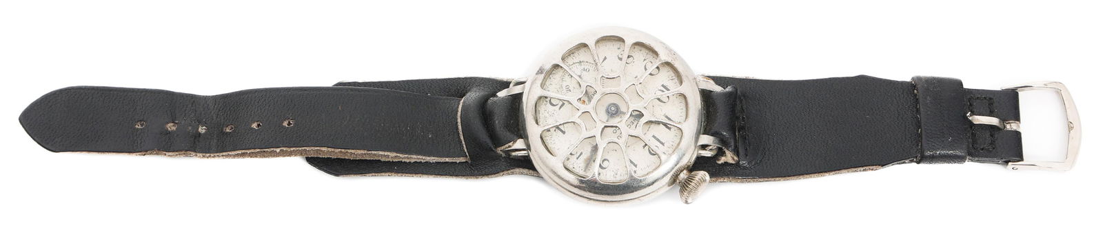 WWI TRENCH WATCH WITH SHRAPNEL GUARD: WWI TRENCH WATCH WITH SHRAPNEL GUARD WWI Trench Wristwatch with Shrapnel Guard. Maker marked by Connecticut Watch Co. Replacement leather watch band.