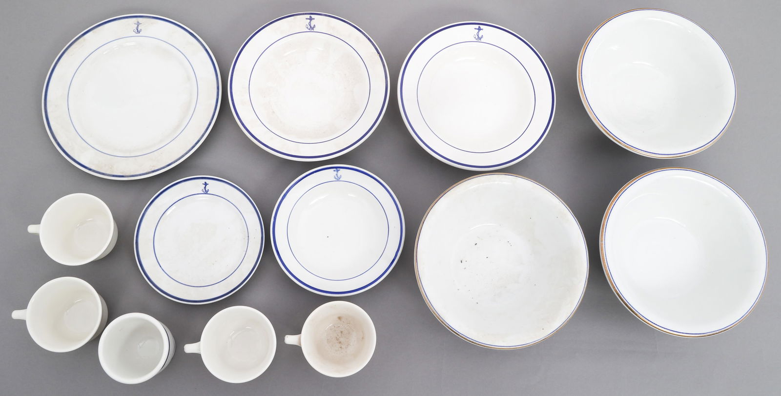 WWII US NAVY OFFICERS MESS CHINA: WWII US NAVY OFFICERS MESS CHINA WWII US Navy Officers Mess China. Includes dinner and salad plates, large and small bowls, cup, and mugs. Varied maker marks.